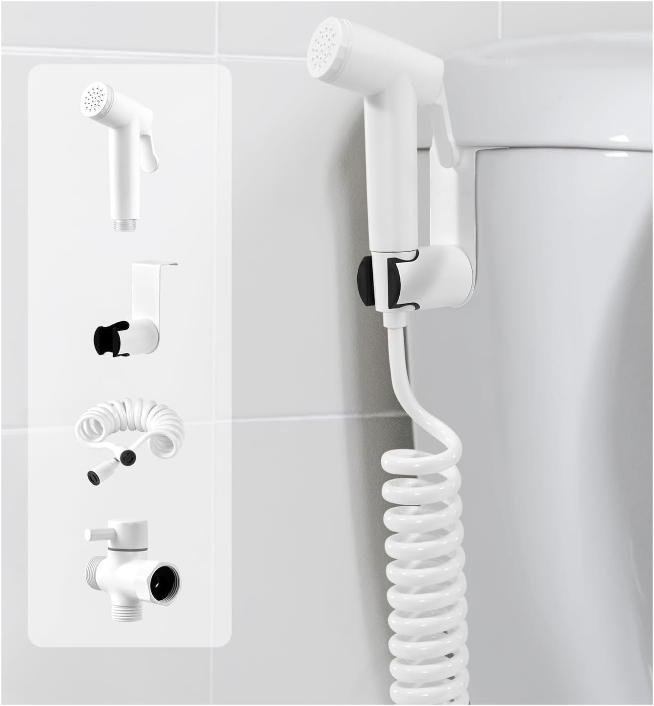 Handheld Bidet Sprayer Kit for Toilet, for Feminine Wash, Bidet Faucet Cloth Diaper, Baby Wash, Pet Wash or Toilet Cleaning, with Spring Type Bidet Hose (White)