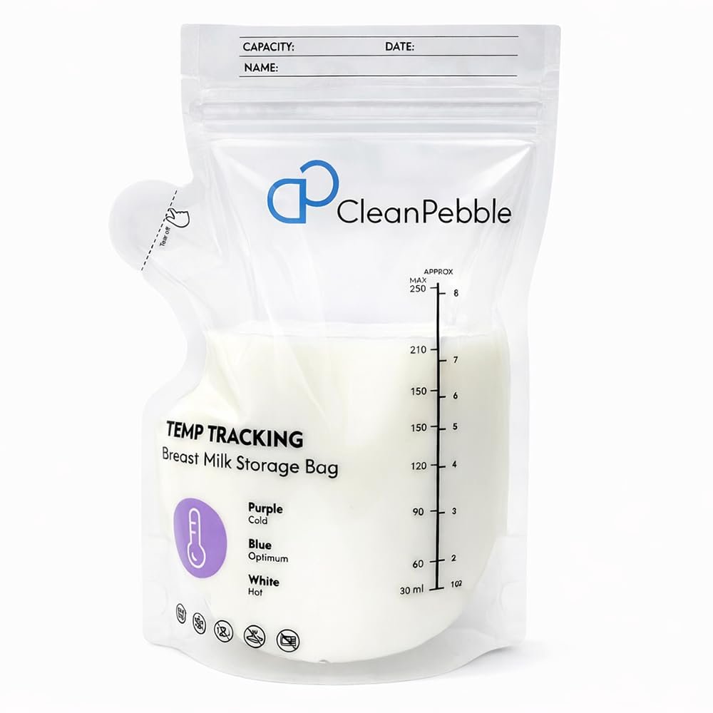 CleanPebble™ Breast Milk Storage Bags, Temp Tracking Color Change, Double Zipper, Pre-Sterilized & Leak-Proof, Space-Saving Design, 8oz Freezer & Fridge Safe Breastmilk Bags (100 Count)