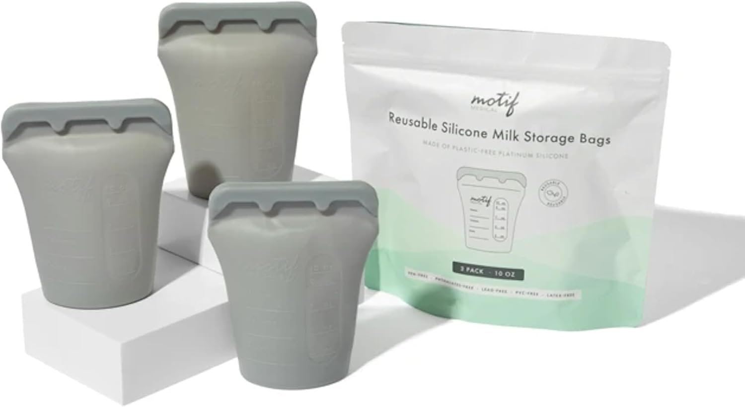 Motif Medical Silicone Breast Milk Storage Bags – Reusable Breast Milk Storage Bags – Durable & Compact BPA Free Breastmilk Storage Bag – Dishwasher-Safe Breast Milk Freezer Bags (10 oz, Pack of 3)