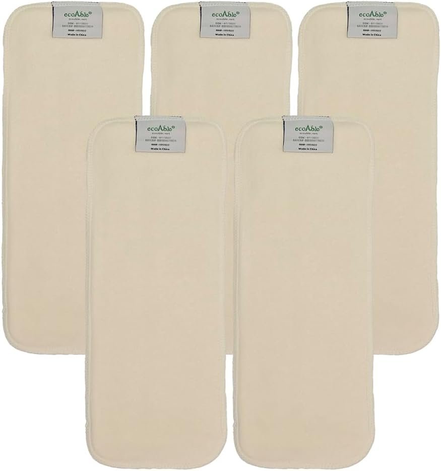 EcoAble 4-Layer Hemp Diaper Inserts – Overnight Boosters for Heavy Wetters – Reusable Absorbency Doublers – Fits Pocket, Cotton Prefold & Cover – Washable Natural Fiber Liners (Pack of 5)
