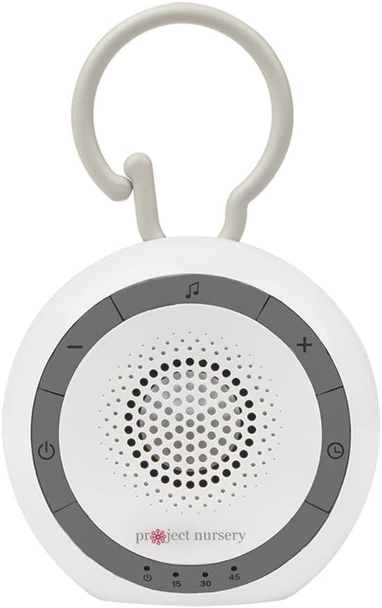 Project Nursery Portable Sound Soother for Baby, White Noise Sound Machine and Sleep Soother with 4 Natural Sounds and 2 Lullabies, Sleep Timer, Volume Control and Flexible Clip, White