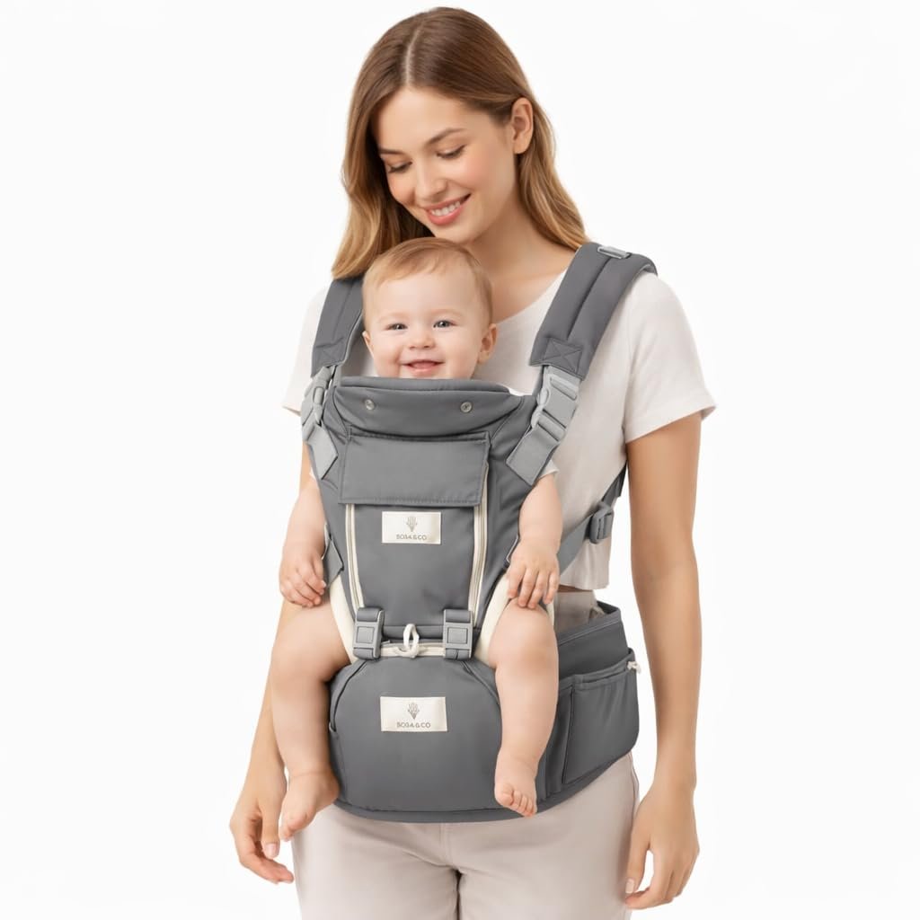 6 in 1 Hip Carrier for Baby – Easy to Wear Ergonomic Front Facing Baby Carrier with Hip Seat for 7–50 lbs – Baby Harness with Back Support, Breathable & Adjustable for Comfortable Travel – Grey