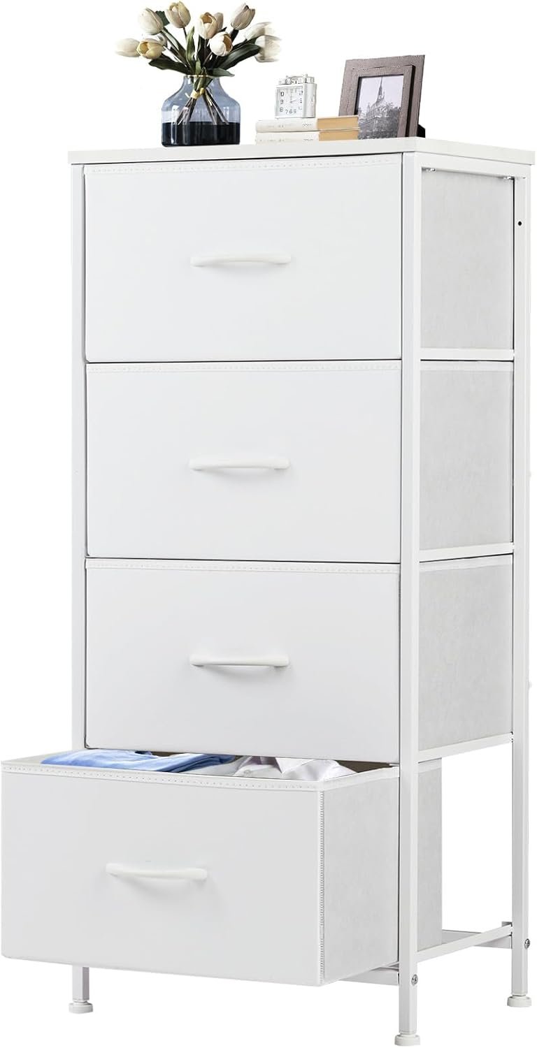 DUMOS Nightstand with 4 Drawers Bedside Table with Removable Fabric Bins Sturdy Steel Frame Wood Top Organizer Furniture for Bedroom Closet Living Room