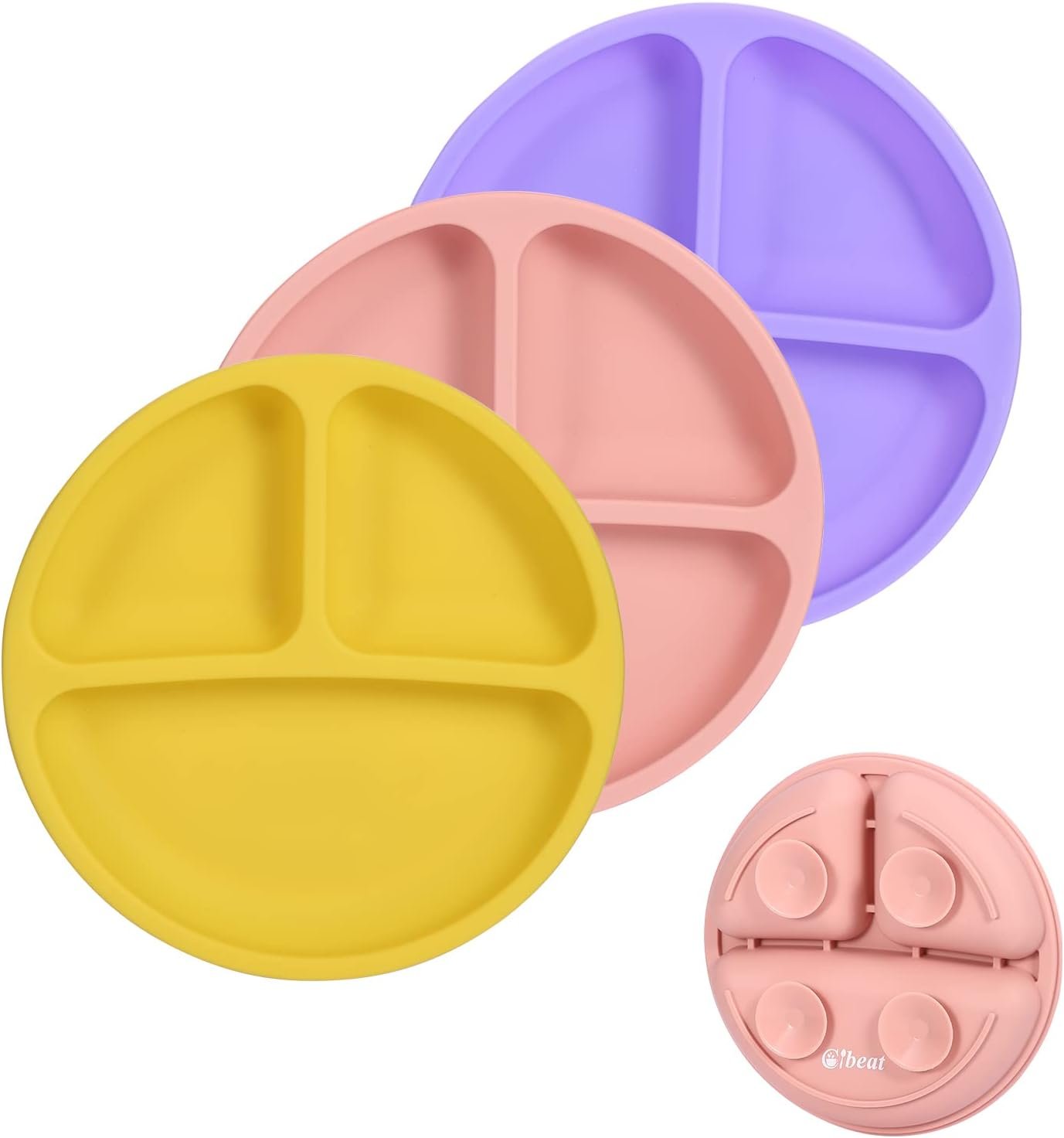 Cibeat Toddler Plates 3 Pack, 100% Silicone Suction Plates for Babies and Toddlers, Microwave and Dishwasher Safe, BPA Free, Divided Design, Pink & Yellow & Purple