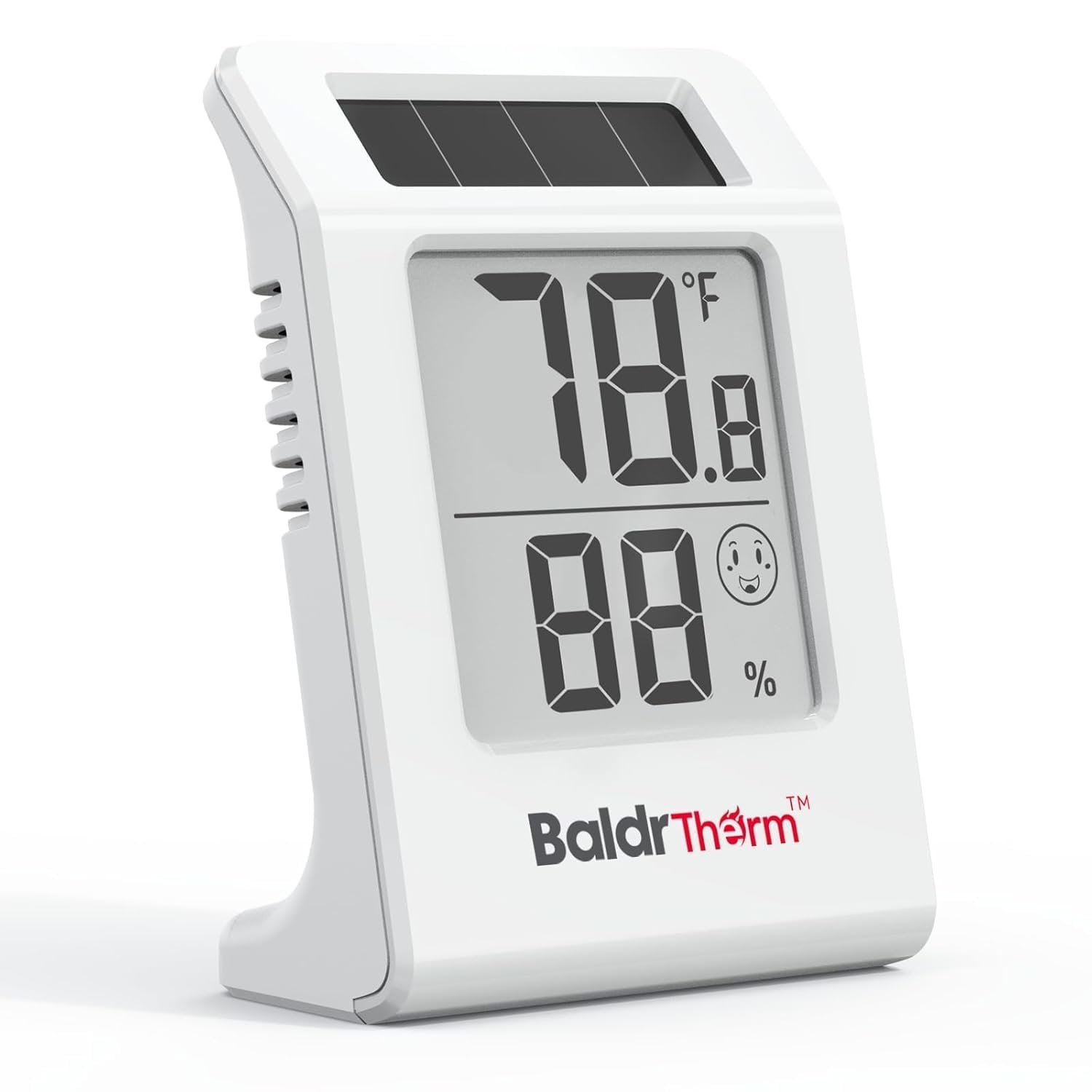 BaldrTherm Digital Thermometer and Humidity Meter, Solar-Powered 2.2″ Indoor Temperature Sensor Humidity Monitor, Humidity Gauge for Baby Rooms, Bedrooms, Home, Office, and Wine Cellars, White, 1Pack