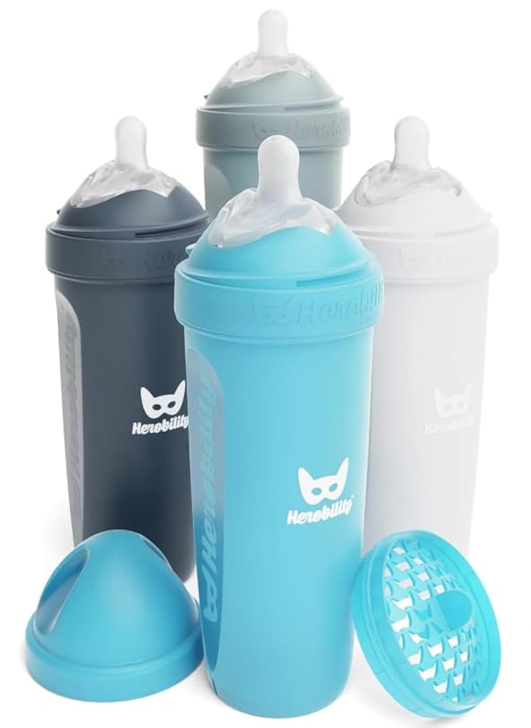 Herobility Anti-Colic Baby Bottles 12 fl oz/340ml – Pack of 4 Plastic Baby Bottles, Slow Flow Plastic Bottles, Breast-Shaped Teat for Breastfed Babies, – Multicolor – White, Gray, Iron Blue, Blue