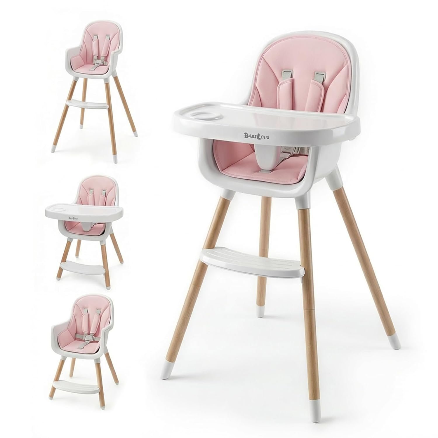Baby High Chair, Wooden Highchair with Removable Tray, Adjustable Legs, Cushion, 5-Point Harness and Footrest for Infants, Baby, Toddlers, Pink