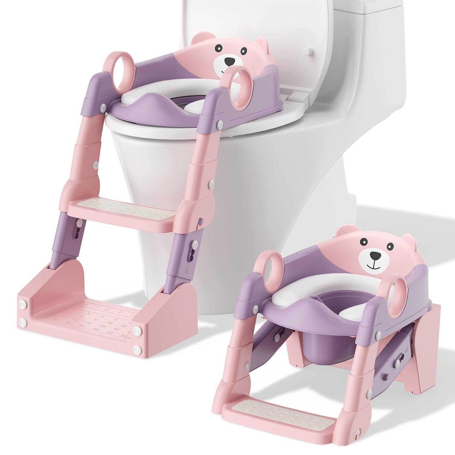 Potty Training Seat,Toddler Toilet Seat for Boys Girls,3-in-1 Potty Training Toilet and Chair with Step Stool Ladder,Non-Slip Height Adjustable Foldable Splash Guard for Kids (Purple Pink)
