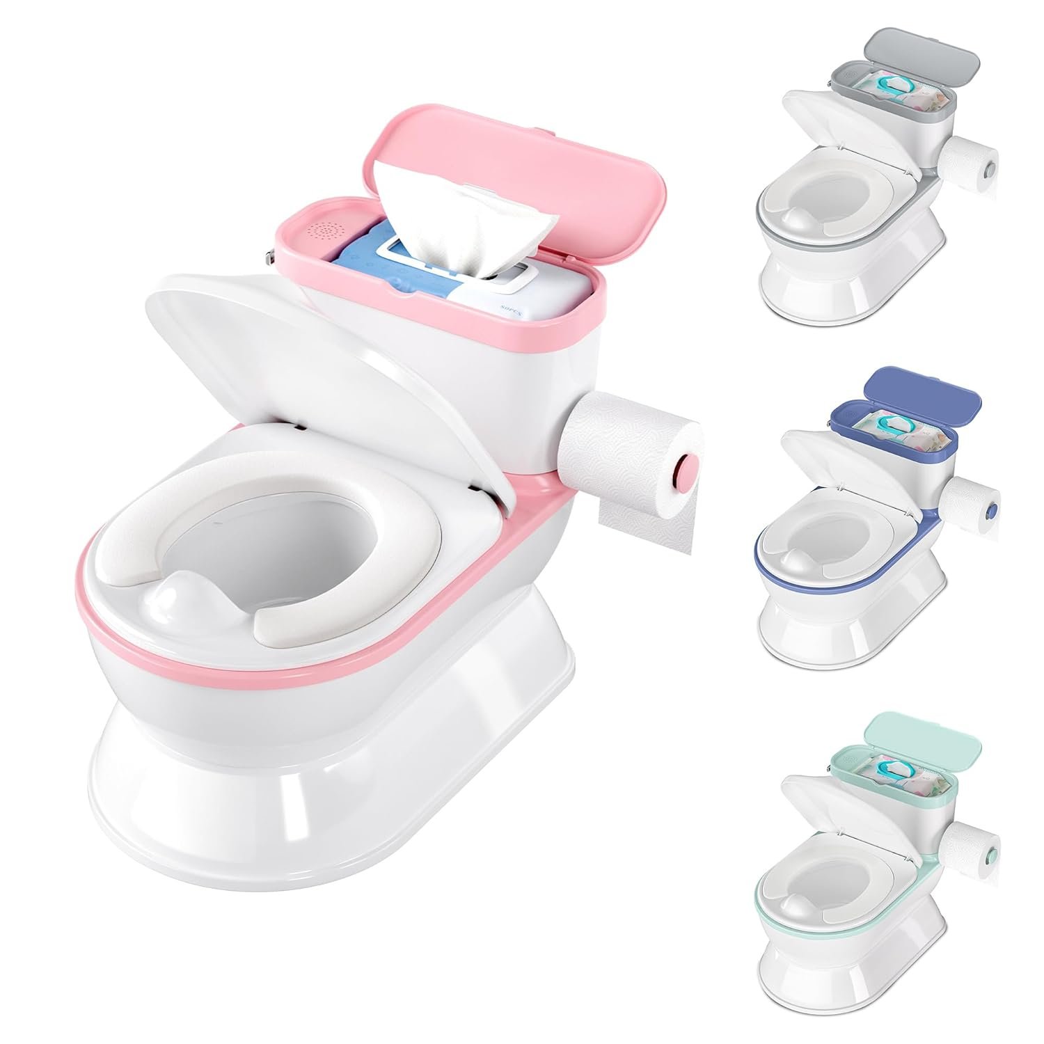CheerTry 2-in-1 Toddler Potty Training Toilet – Larger Potty Chair & Detachable Training Seat for Boys & Girls Ages 1-3 with Flushing Sound, Wipes Storage, Toilet Paper Holder – Pink