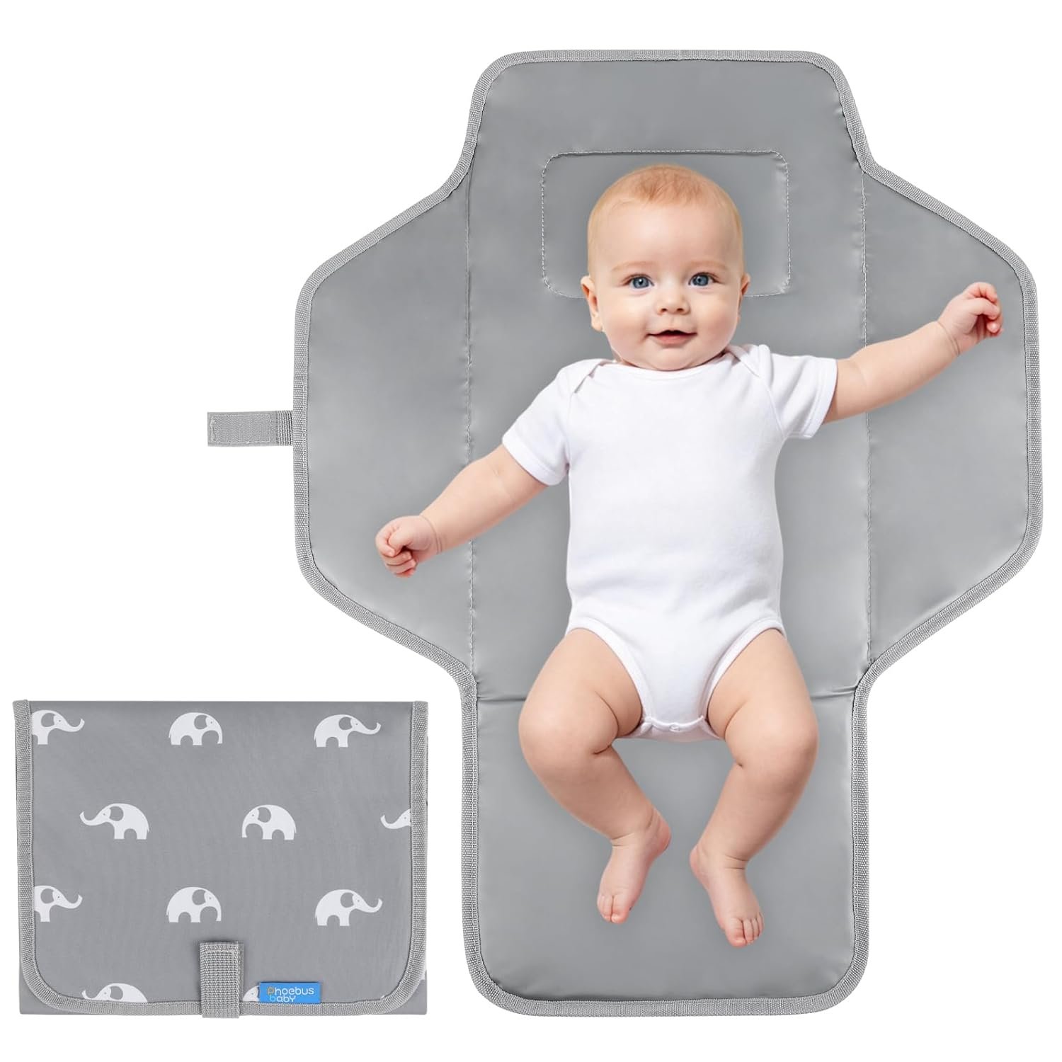 Portable Changing Pad with Built-in Pillow — Foldable Travel Diaper Changing Mat, One-Hand Open Waterproof Changing Station for On-the-Go Moms, Fits Diaper Bag (Cute Elephant)