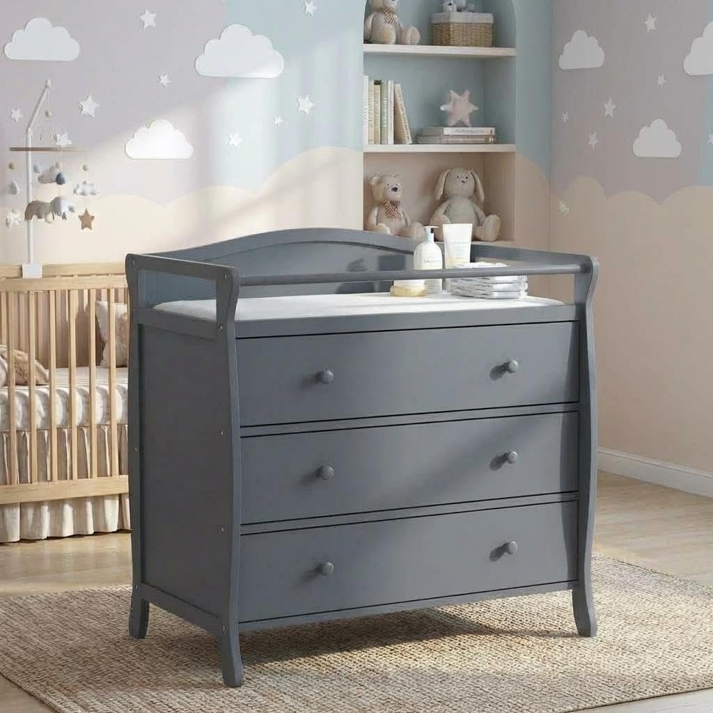3-Drawer Baby Changing Table with Changing Pad, Safety Rails & Strap – Convertible Solid Wood Nursery Dresser & Storage Organizer, Infant Diaper Station, Easy Assembly, Grey