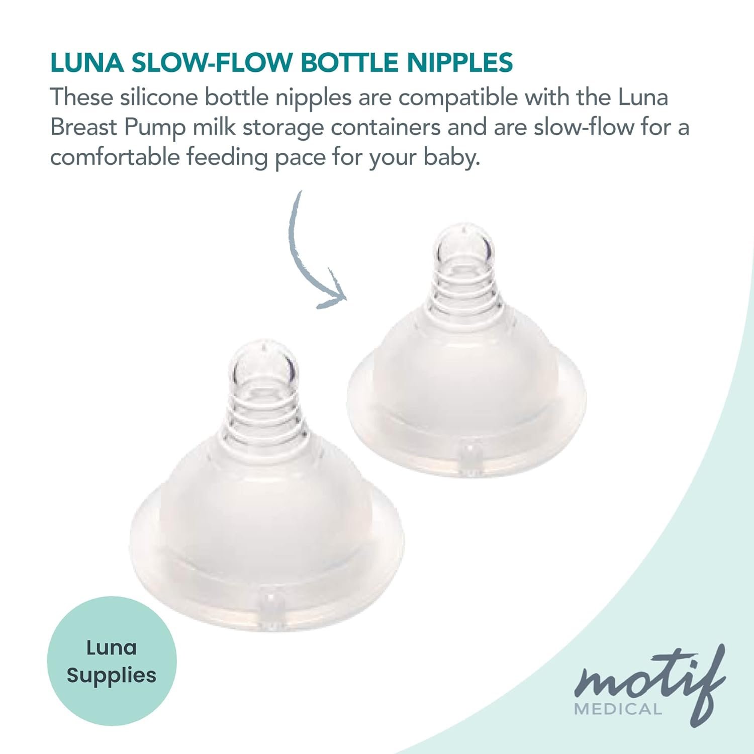 Motif Medical Replacement Slow Flow Nipples for Luna Baby Bottle – Dishwasher-Safe, Silicone Newborn Bottle Nipples – Baby Bottle Nipples for Comfortable Feeding (2 Nipples Included)