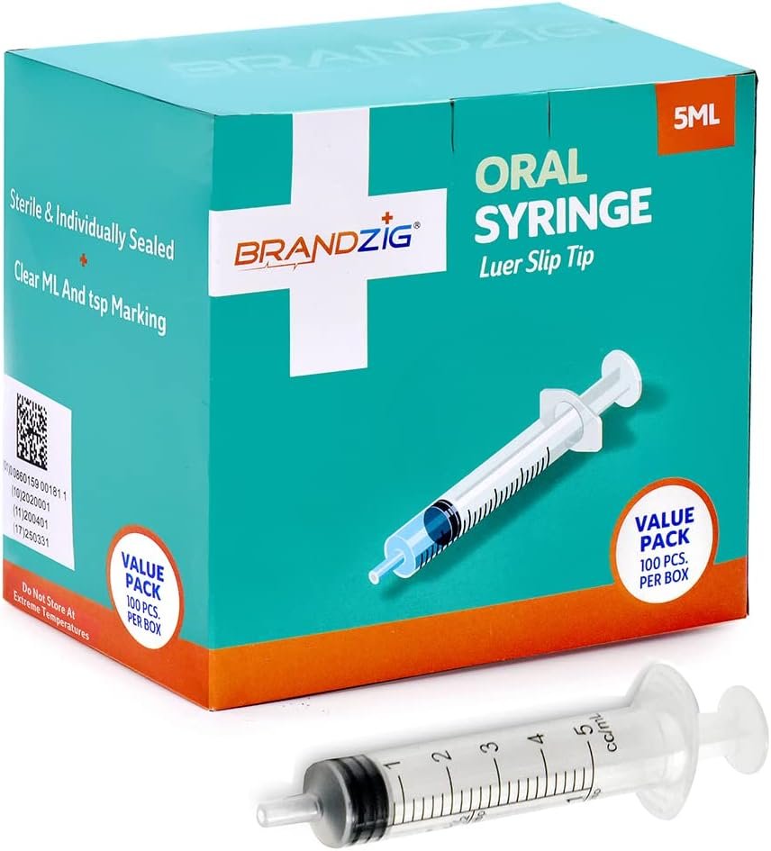 5ml Oral Syringes – 100 Pack – Luer Slip Tip, No Needle, Individually Blister Packed – Medicine Administration for Infants, Toddlers and Small Pets (No Cover)