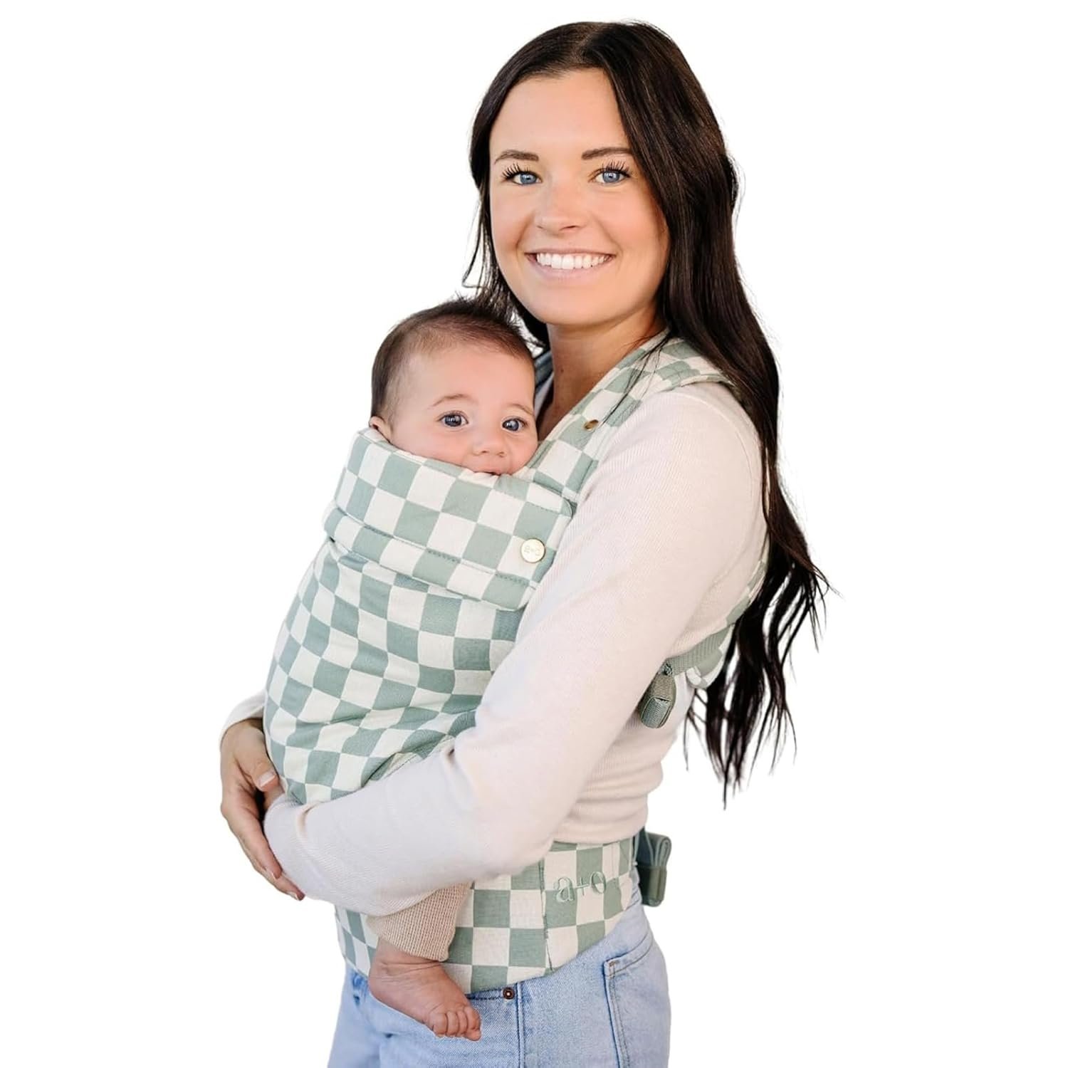 Ava & Oliver Essential Baby Carrier – Ergonomic, Hip-Healthy Soft Structured Carrier for Infants & Toddlers (7–35lbs) – Front and Back Carry, Breathable Fabric, Stylish & Lightweight (Olive Checker)
