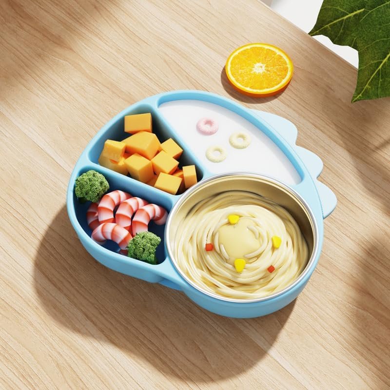 Stainless Steel & Silicone Baby Plate Set with Suction Base + Curved Fork & Spoon, 2-in-1 Insulated Bowl & Tray for BLW | Food-Grade, Freezer & Microwave Safe | Infant Toddler Feeding Essentials
