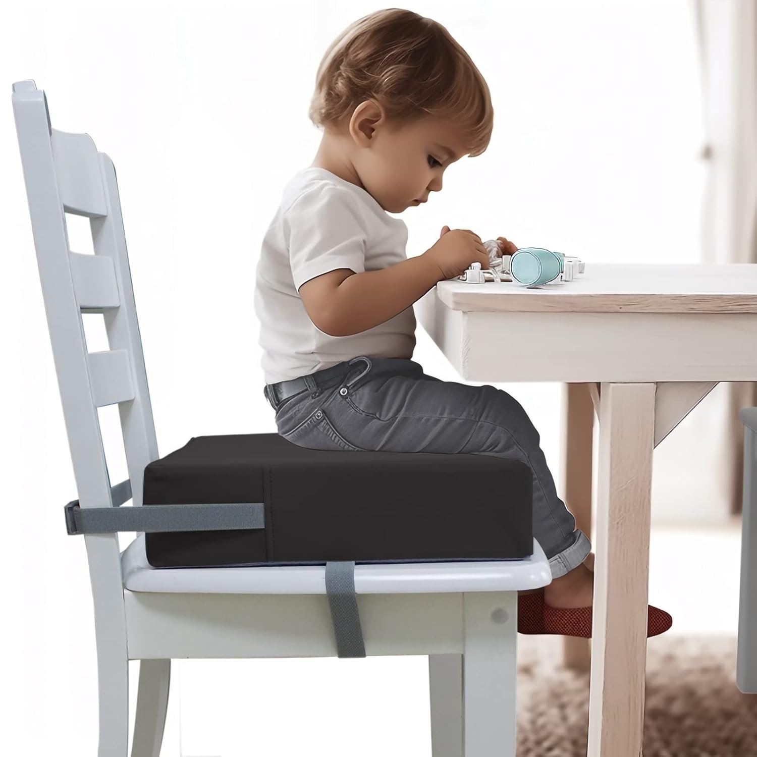 Eiury Toddler Booster Seat for Dining Table, Booster Seat for Kitchen Chair, Waterproof PU Cushion with Adjustable Buckle Straps, Non-Slip Bottom, Easy Clean Portable Seat Cushion,Dark Grey