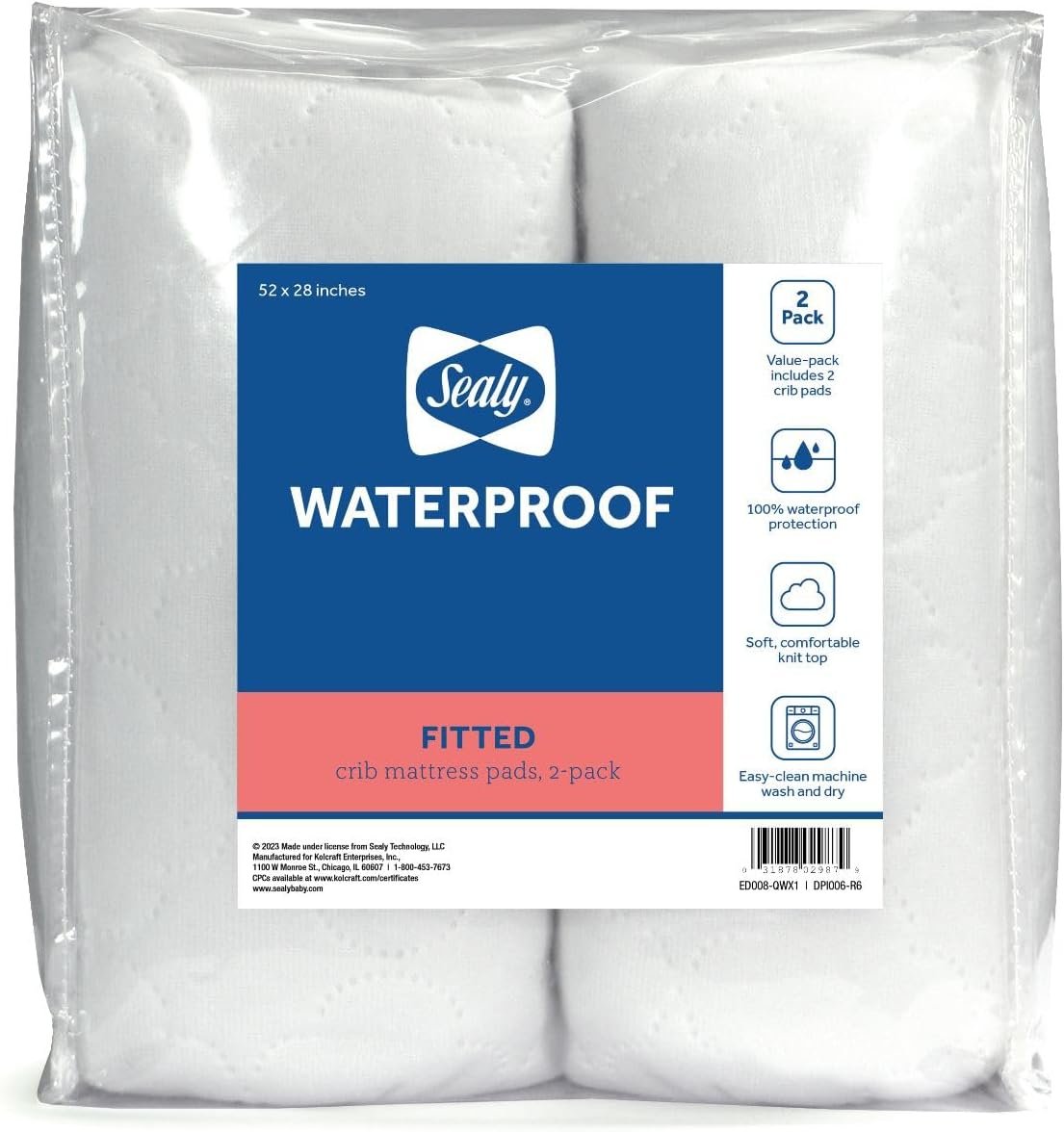 Sealy Baby 2-PACK Fitted Waterproof Infant Crib Mattress Protector Pad and Toddler Bed Cover, Durable and Comfortable Topper, Machine Washable and Dryer Friendly, 52×28”- White