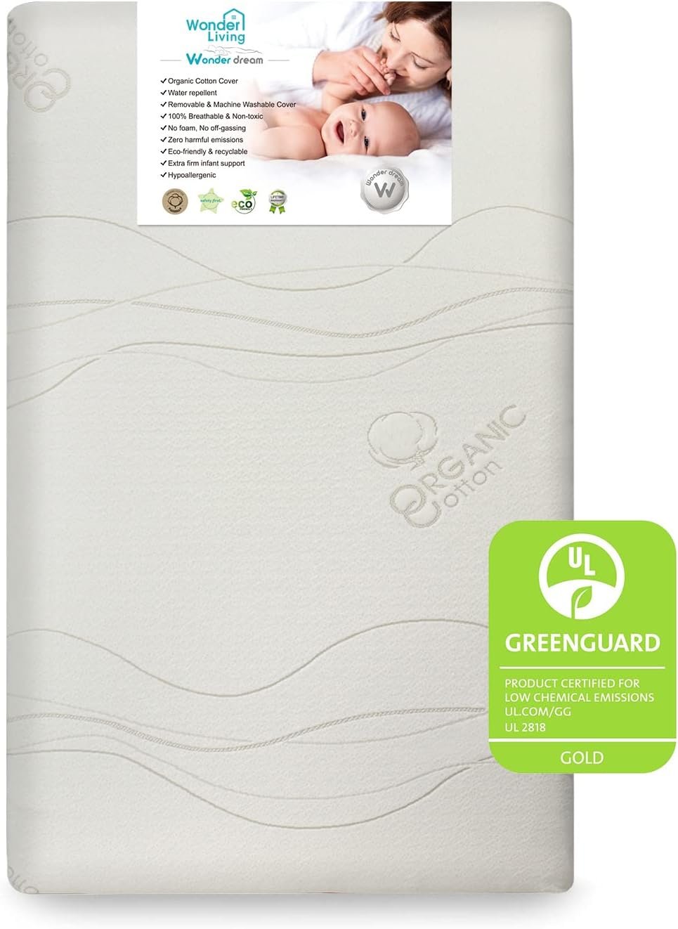 Wonder Dream Mini Crib Mattress, Organic Cotton Cover, 100% Breathable, Non Toxic, No VOC’s, Greenguard Gold Certified, Made in USA