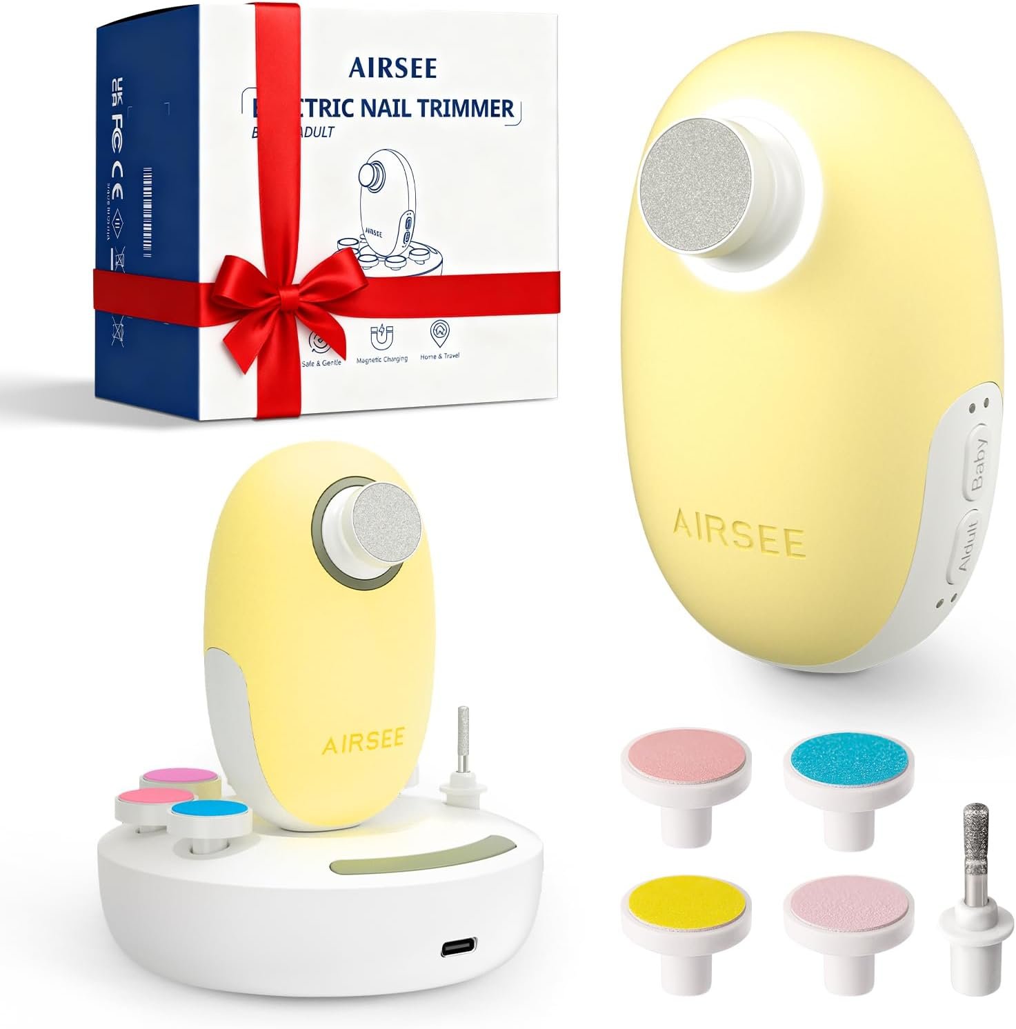 AIRSEE Premium Newborn Gift, Electric Baby Nail File, Cordless Safe Infant Nail Trimmer with 6 Replacement Pads, Magnetic Rechargeable Base, 360° LED Light, Baby Grooming Kit Gift
