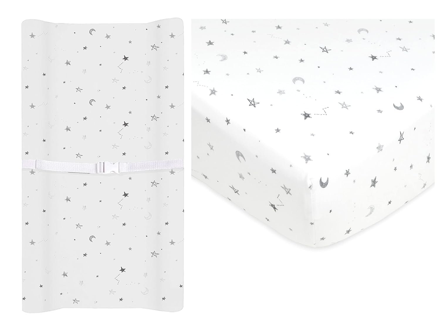 American Baby Company Crib Bedding Bundle Set, a 100% Cotton Fitted Standard Crib Sheet and a Fitted Contoured Changing Table Pad Cover, Gray Star, for Boys and Girls