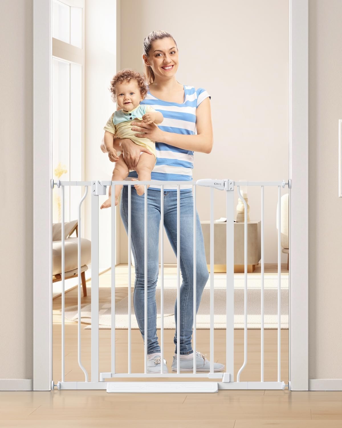 34″ Extra Tall Baby Gate for Stairs, Auto Close Stroller Friendly Dog Gate Indoor for Doorways, Pressure Mounted 29″-40″ Wide Baby Gate, Easy Walk Through Gate for Children & Pets, White
