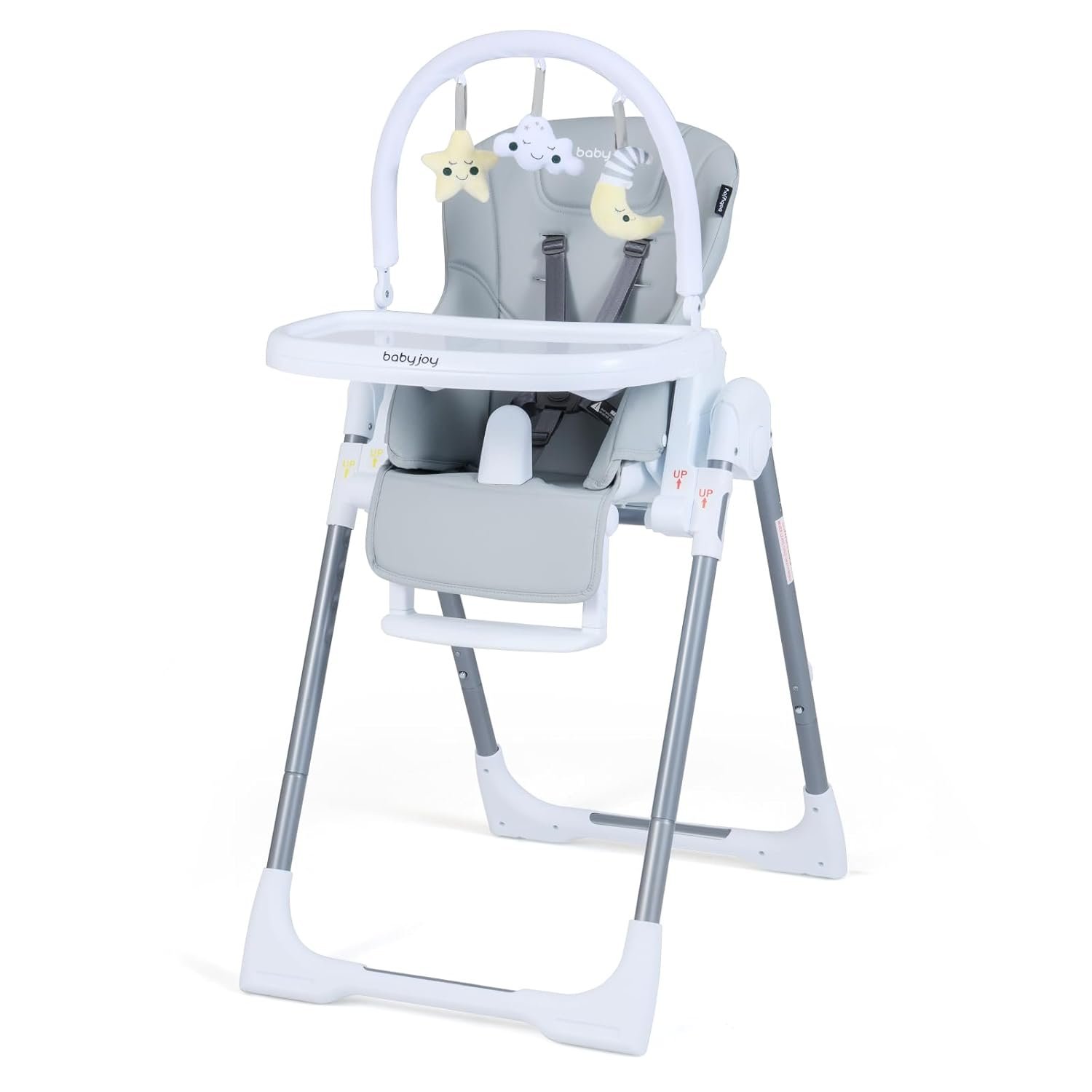 BABY JOY Foldable High Chair, Portable Highchairs for Babies and Toddlers with 7 Heights, 5 Recline Positions, Adjustable Foot Rest, Double Removable Tray & Built-in Wheels (Light Gray)