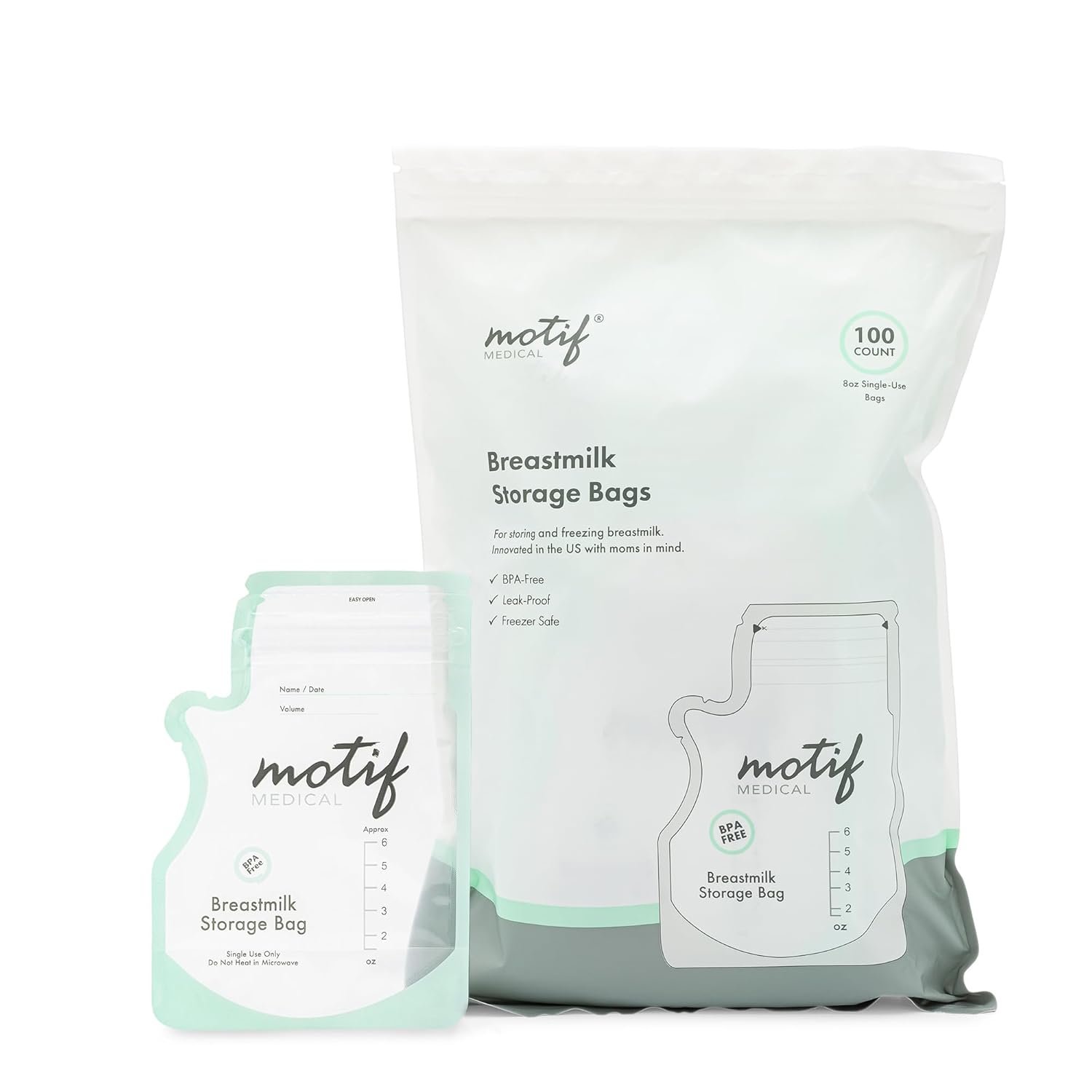 Motif Medical Breastmilk Storage Bags – Breastmilk Freezer Bags w/Easy Pour Spout, Write-On Label – Leak-Proof Double Zipper Milk Bags for Breastmilk – Breastfeeding Mom Gifts (6 oz, 100 Count)