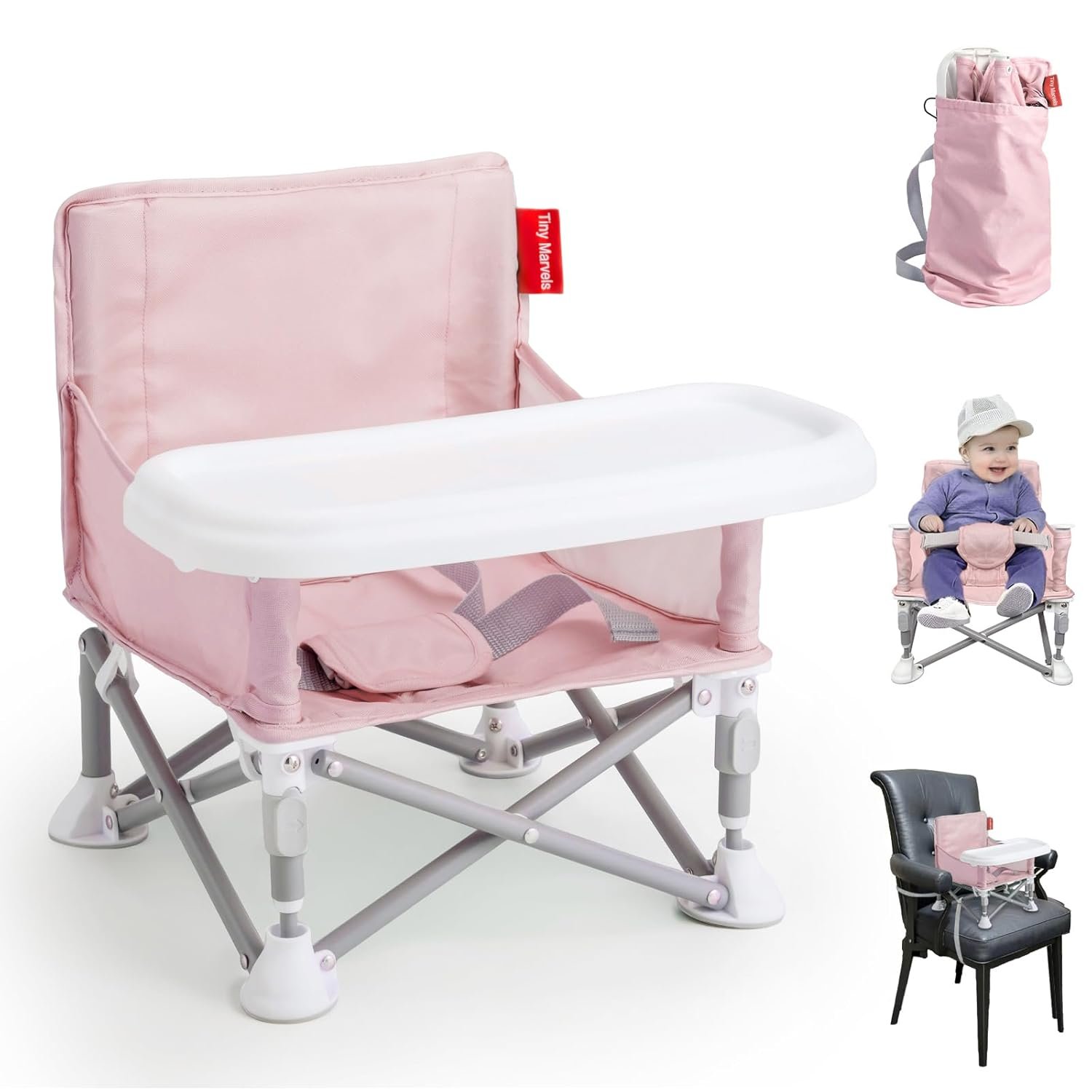 Tiny Marvels Portable Booster Seat, Foldable Baby High Chair with Removable Tray, Safety Harness & Carry Bag – for Toddlers Ages 6M-3Y, Ideal for Dining, Travel, Camping & Family Time