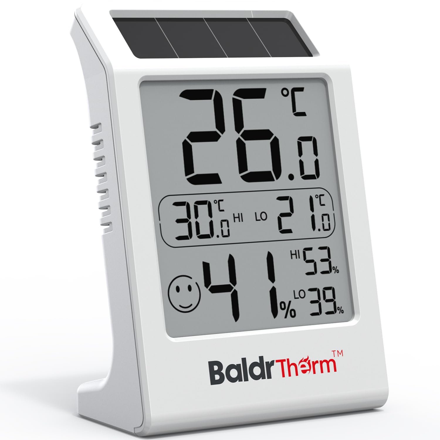 BaldrTherm Room Thermometer Indoor Humidity Meter, Solar-Powered 3.2” Digital Temperature Sensor Monitor with Max/Min Reading, Comfort Indicator for Baby Room, Home, Office, White, 1Pack