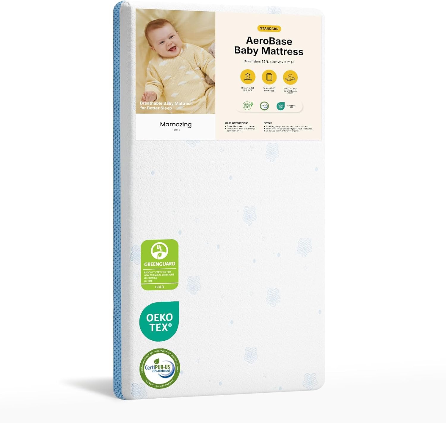 MAMAZING Aerobase Baby Crib and Toddler Mattress 52″ L x 28″ W, 2-Stage Breathable Mattress, Non-Toxic, Waterproof Liner, Machine-Washable Cover, Fits Standard Baby Crib & Toddler Bed