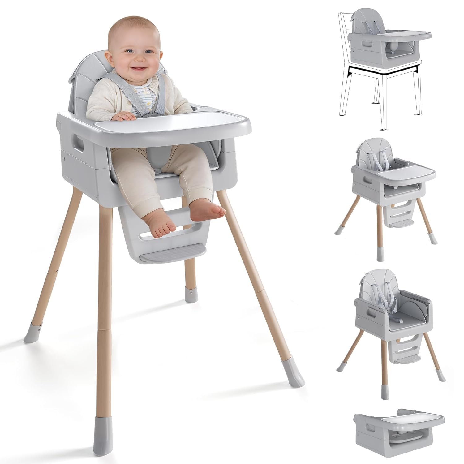 Baby High Chair for 6 Months+, Foldable High Chairs for Babies and Toddlers, Convertible High Chair, Adjustable Tray & Footrest, Portable High Chair & Easy to Clean(Grey with Wood Grain)