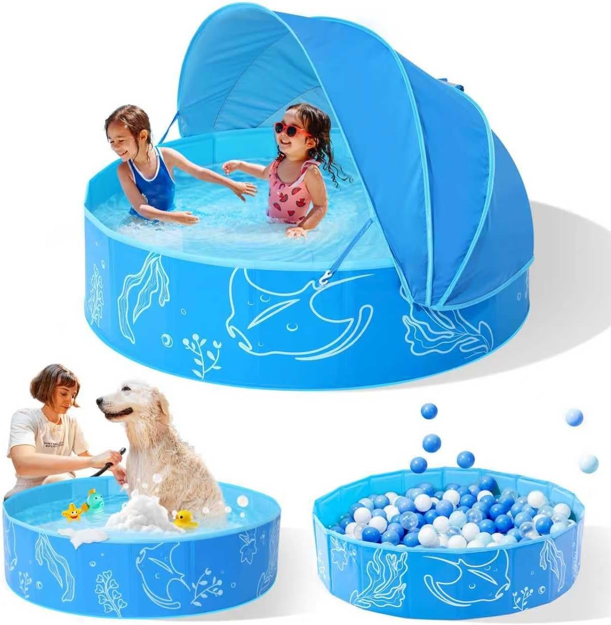 Hikiddy Foldable Kiddie Pool with Canopy: 31.5in/ 47in /63in for Baby Toddler Kids Family – Summer Water Play Pool with Shade – Portable for Outdoor Backyard Beach (Blue-Blue, 47in)