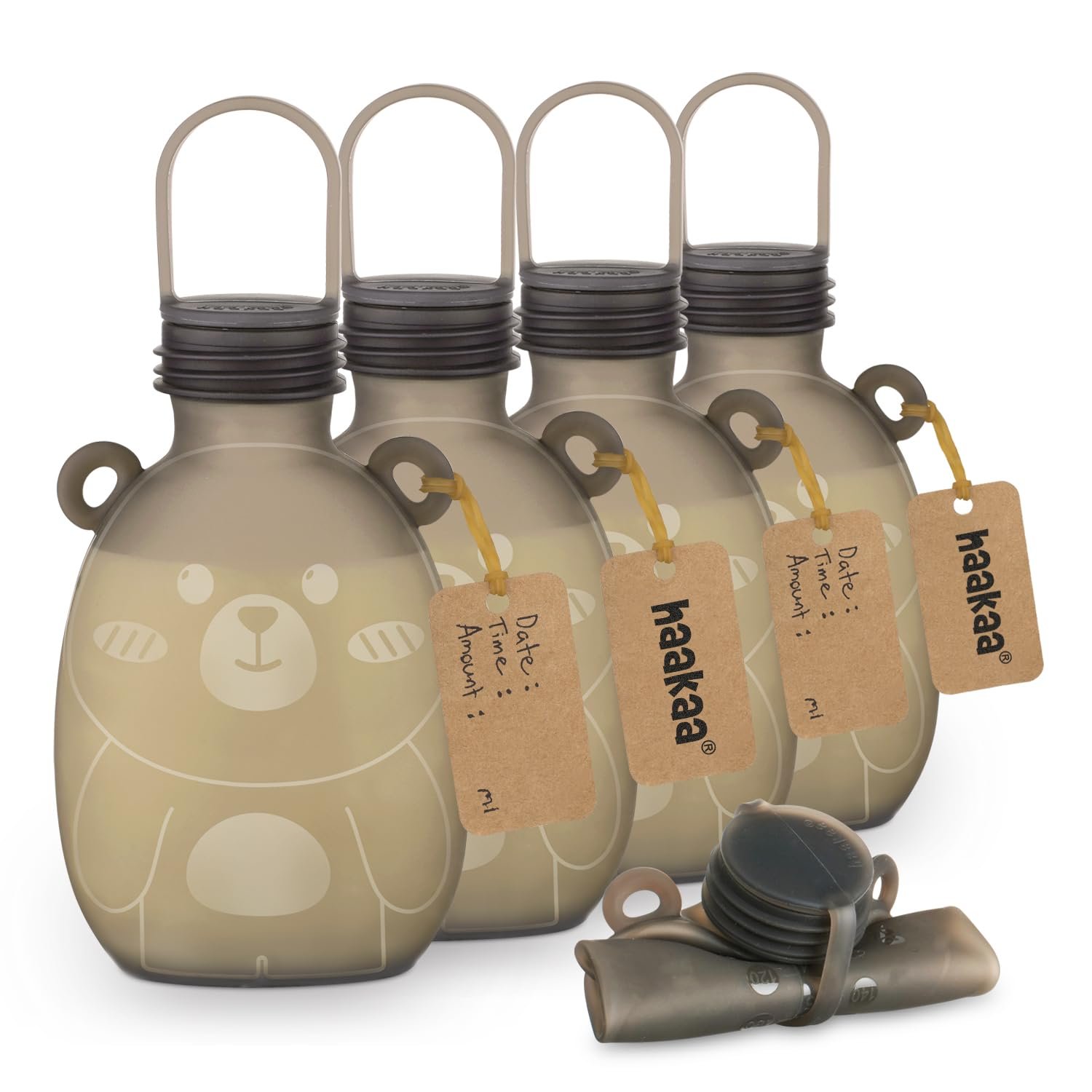 Haakaa Happii Bear Silicone Breast Milk Storage Bag-Refillable Baby Food Squeeze Pouch for Yogurt Puree -Reusable Milk Freezer Bag – Portable & No Leak BPA Free -9 oz 5PK