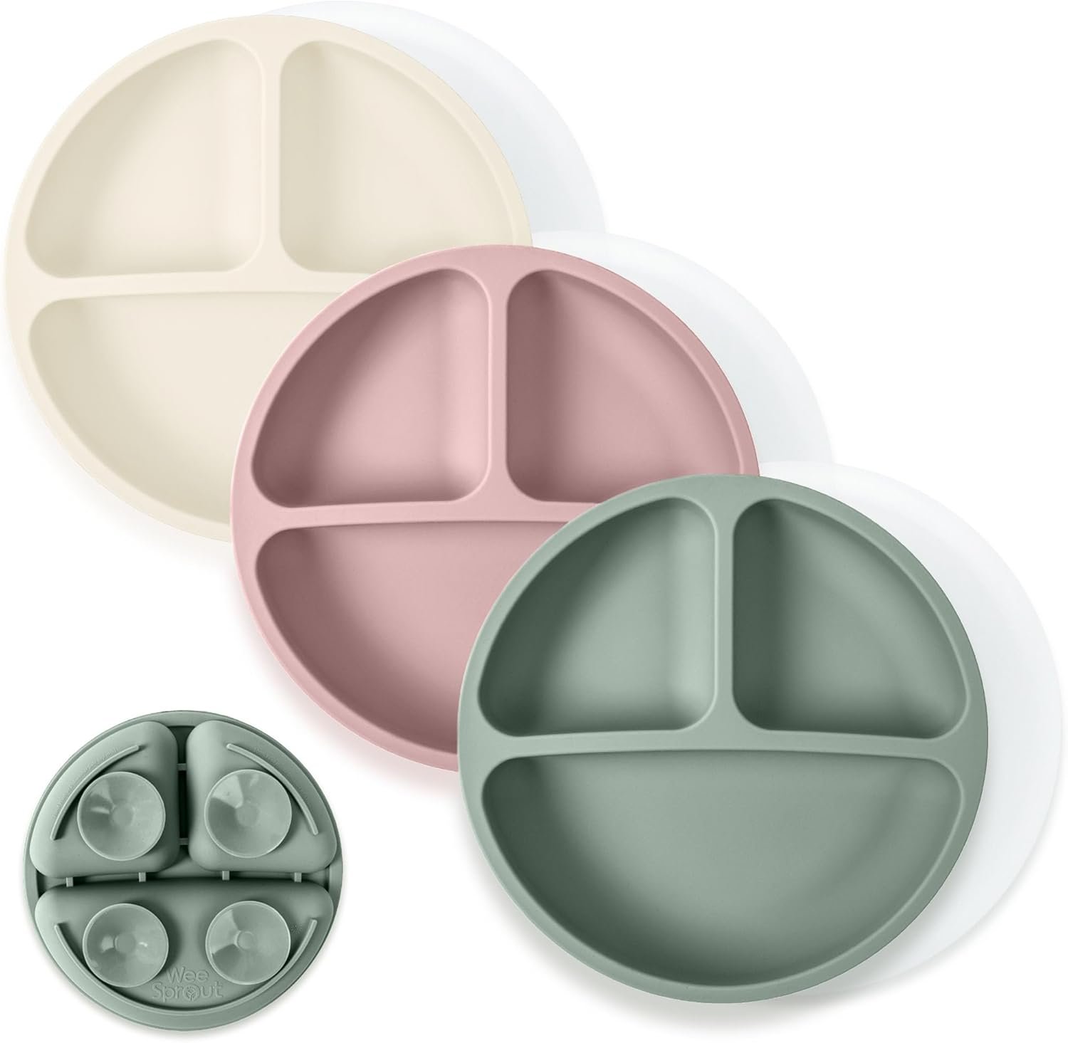 WeeSprout Suction Plates with Lids for Babies & Toddlers – 100% Silicone, Dinnerware Stays Put, Divided Design for Picky Eaters, Microwave & Dishwasher Friendly, 3 Pack