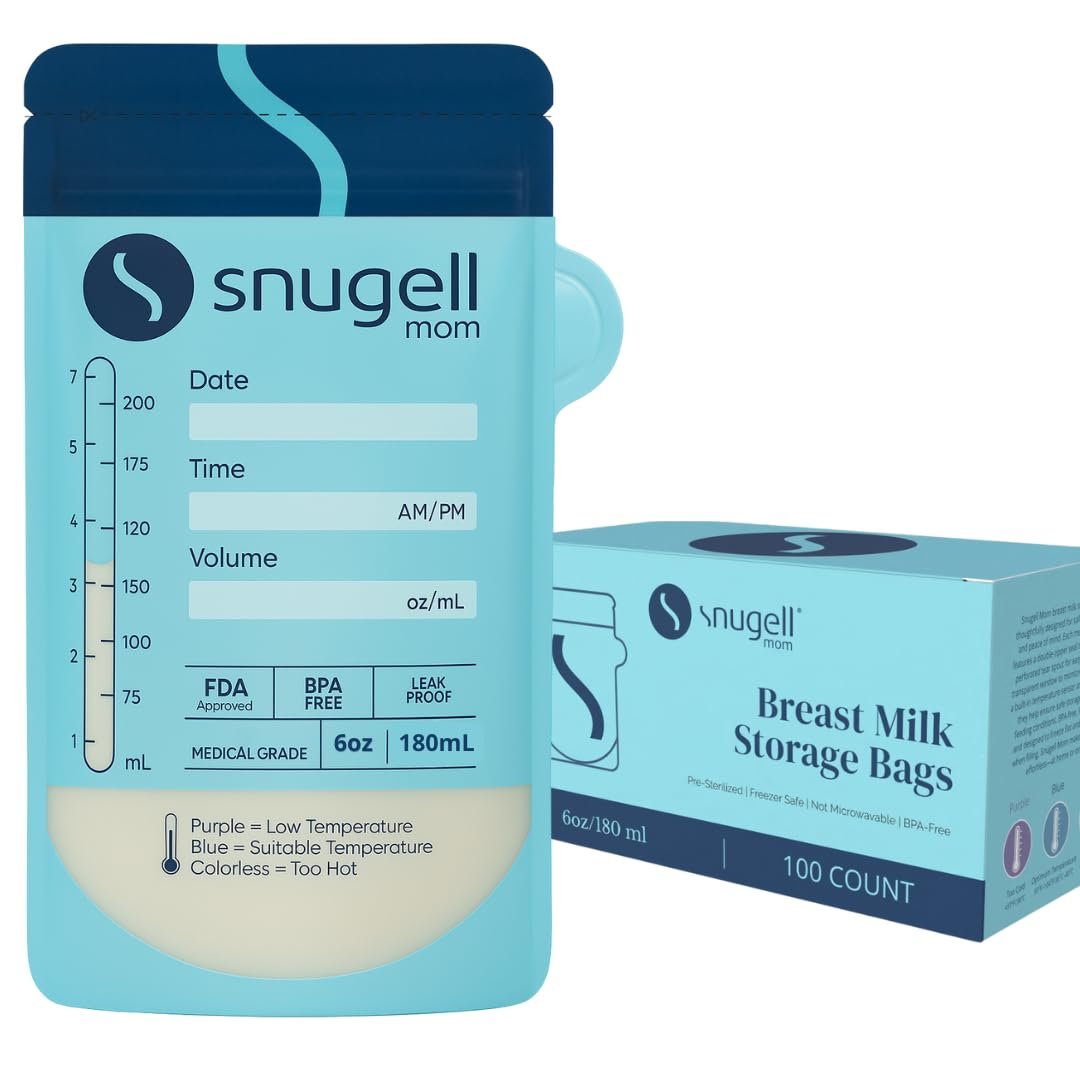 Snugell 100-Count Breast Milk Storage Bags (180ml) – Leak-Proof, Self-Standing Freezer Pouches | BPA-Free & Pre-Sterilized for Baby Feeding