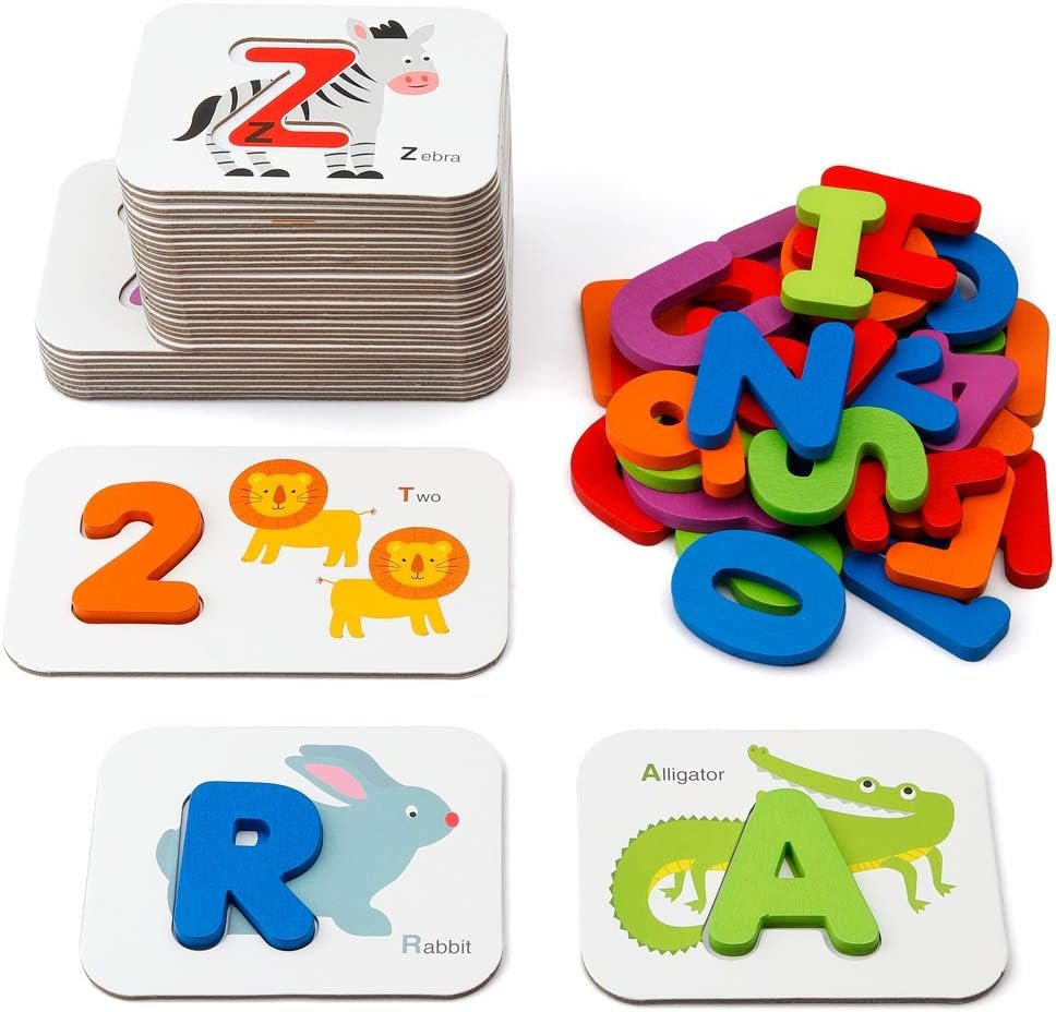 Coogam Numbers and Alphabets Flash Cards Set – ABC Wooden Letters and Numbers Animal Pattern Board Matching Puzzle Game Montessori Educational Learning Toys Gift for Preschool Kids Age 3 4 5 Years