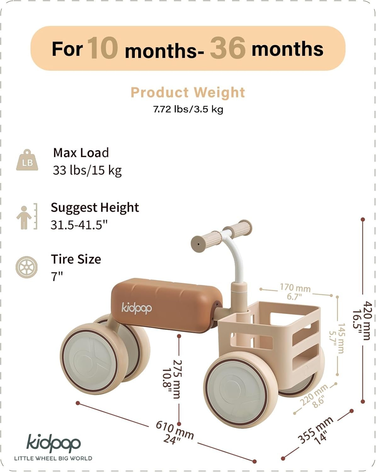 Kidpop Toast Baby Walker with Basket Balance Bike for 1 Year Old Boys Girls Push Rider with Detachable Seat for 10-36 Months,4 Wheels Toddler First Bike, First Birthday Gifts (Beige)