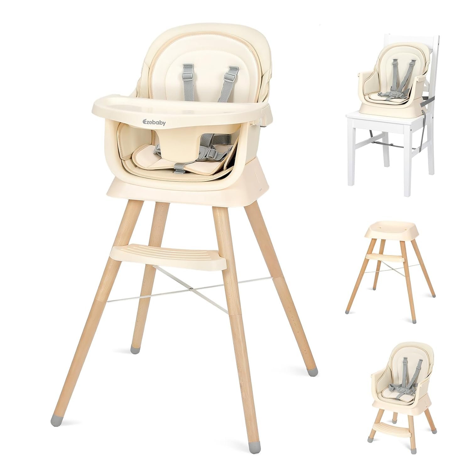 Ezebaby Portable Baby High Chair, High Chairs for Babies and Toddlers with Adjustable Legs, 6-in-1 Convertible to Booster Seat for Dining Table, Toddlers High Chair with Removable Cushions – Cream