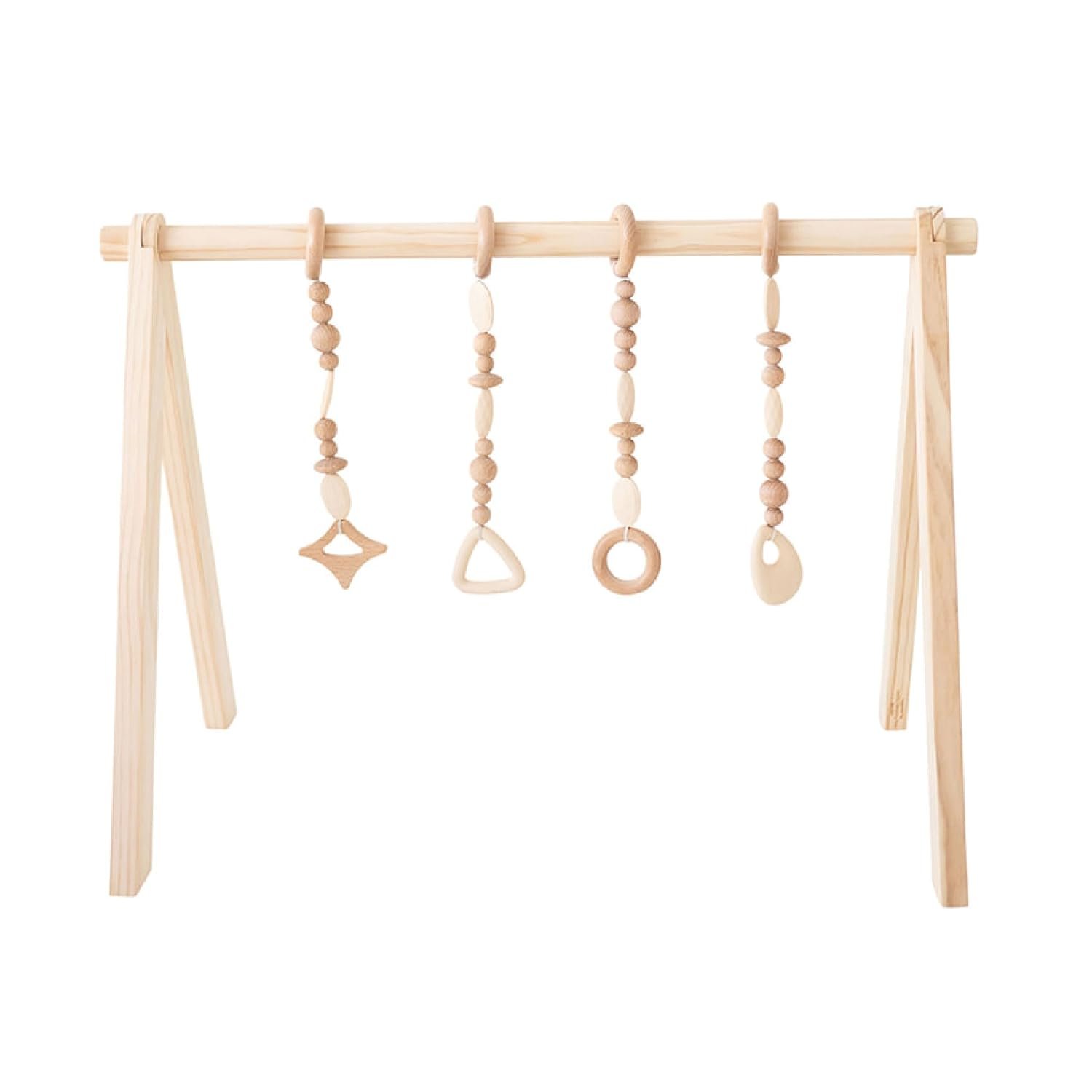 Poppyseed Play Wooden Baby Play Gym | Montessori-Inspired Activity Center with 4 Hanging Toys | Natural Wood & Silicone | Ideal for Tummy Time, Sensory Play & Motor Skill Growth | 0-12 Months