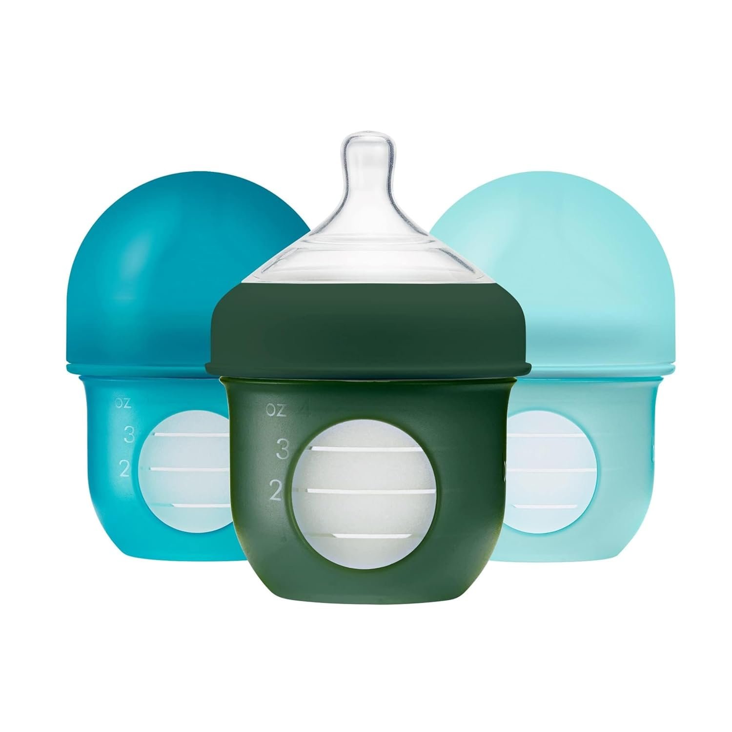 Boon Nursh Reusable Silicone Pouch Baby Bottles – Slow Flow Nipple – Silicone Baby Bottle Pouch and Nipple – Baby Feeding Essentials – Blue – 0-3 Months – 3 Count – 4 Ounce