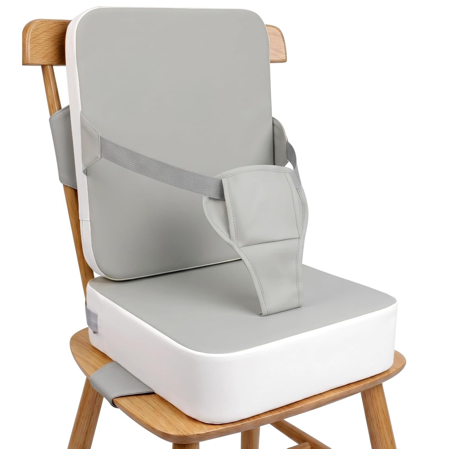 Booster Seat for Kitchen Chair, Toddler Booster Seat for Dining Table with Backrest and Adjustable Straps, Non-Slip High Back Booster Seat, Portable Travel Baby Booster Increasing Cushion, Gray White