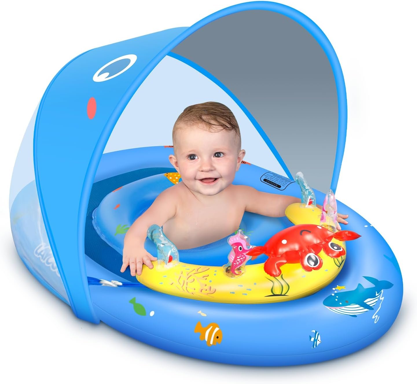LAYCOL Baby Pool Float with Canopy UPF50+, 120°Adjustable Sun Protection and Anti-Tip Safety Seat, Inflatable Toddler Floaties Infant Pool Float with Animal Pool Toys, Baby Beach Essentials for 6-36M