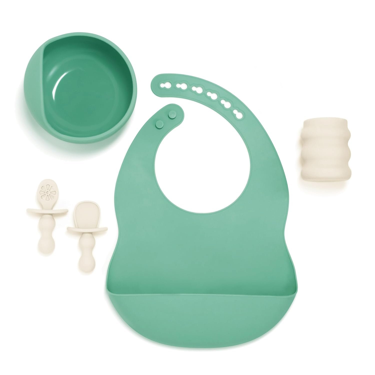 Infantino Baby Led Weaning Kit, 5-Piece Essentials Set – Includes Silicone Bib, Suction Bowl, Training Cup & Spoons, BPA-Free & Top-Rack Dishwasher Safe, Cream & Spearmint