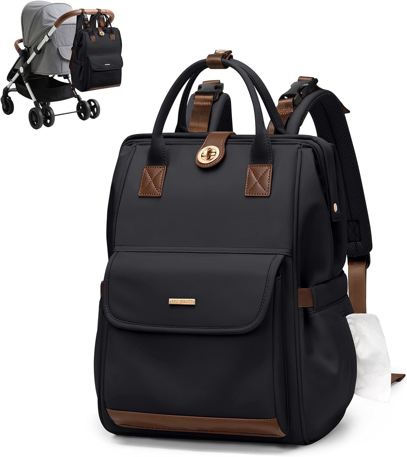 Diaper Bag Backpack,Multi Function Water Resistant Diaper Bag With Hook,Casual Hanging diaper bag for mom,16 Inch,Black