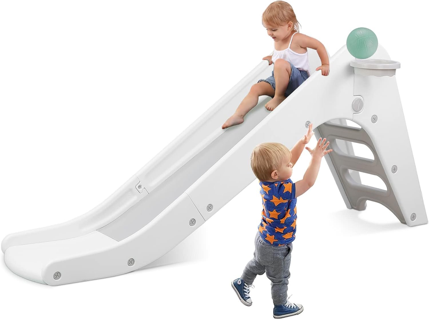 Arlopu Toddler Slide, Baby Indoor Foldable Slide with Basketball Hoop & Ball, 63″ Extra Long Slope, Non-Slip Steps, Sturdy Plastic Outdoor Climber Playset for Boys and Girls (Grey White)