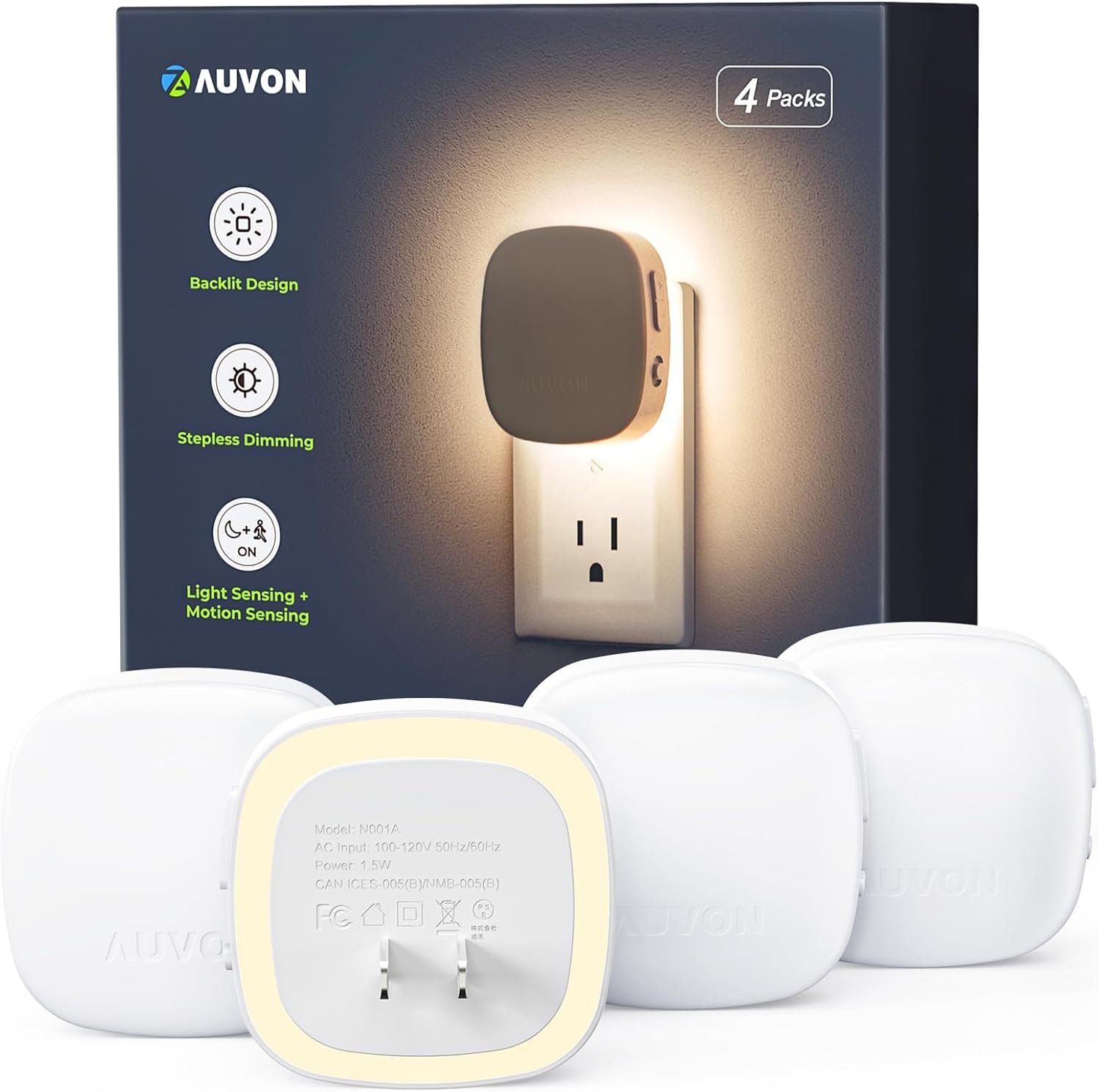 AUVON Plug-in LED Backlit Night Light with Motion Sensor & Dusk to Dawn Sensor, 2200K Soft Warm White Nightlight with 1-50lm Dimmable Brightness for Adults & Kids’ Bedroom, Bathroom, Hallway (4 Packs)