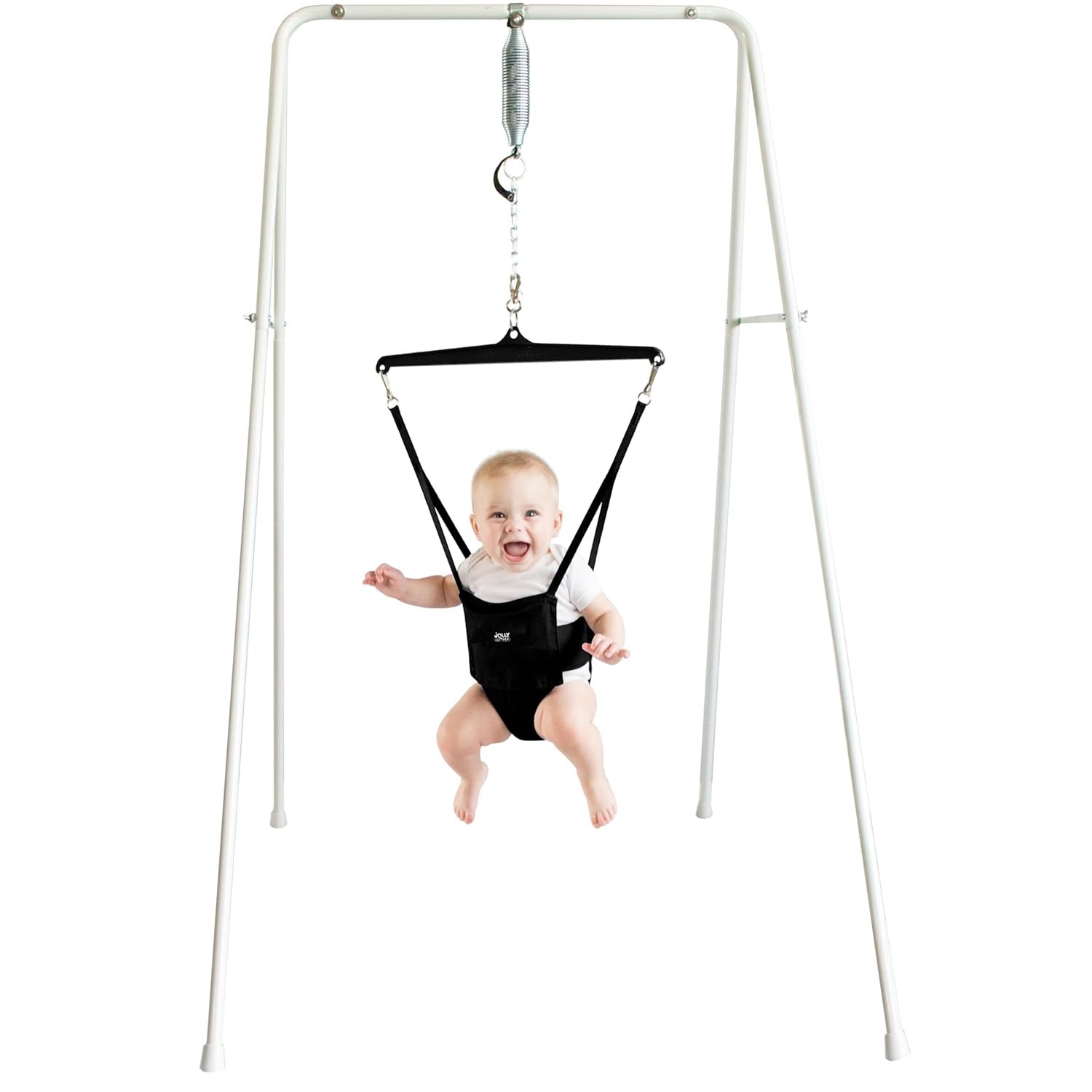 Jolly Jumper Classic (Black) with Stand – Original Baby Jumper, Indoor and Outdoor Exercise Saddle Seat, Adjustable Height, for Infants up to 28lbs