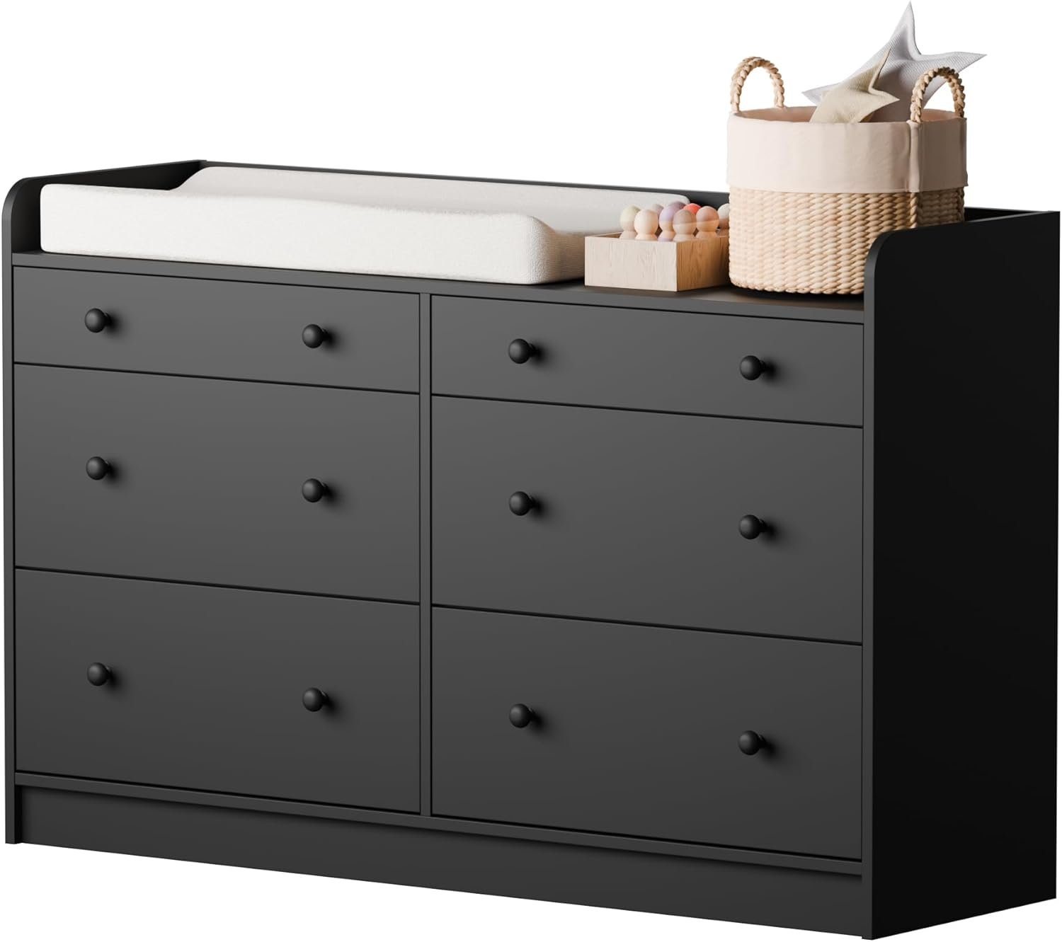 Cozy Castle Baby Dresser with 6 Drawers and Large Table Top, Multi-Functional Chest of Drawer, Drawer Dresser with Three-Sided High Rails for Nursery, Children’s Room, Bedroom, Black