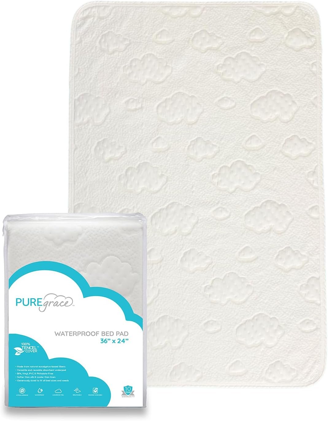 PUREgrace Tencel Waterproof Bed Pad – (36” x 24”) Washable and Reusable for Incontinence and Potty Training, Absorbent Underpad – Fits All Bed Sizes