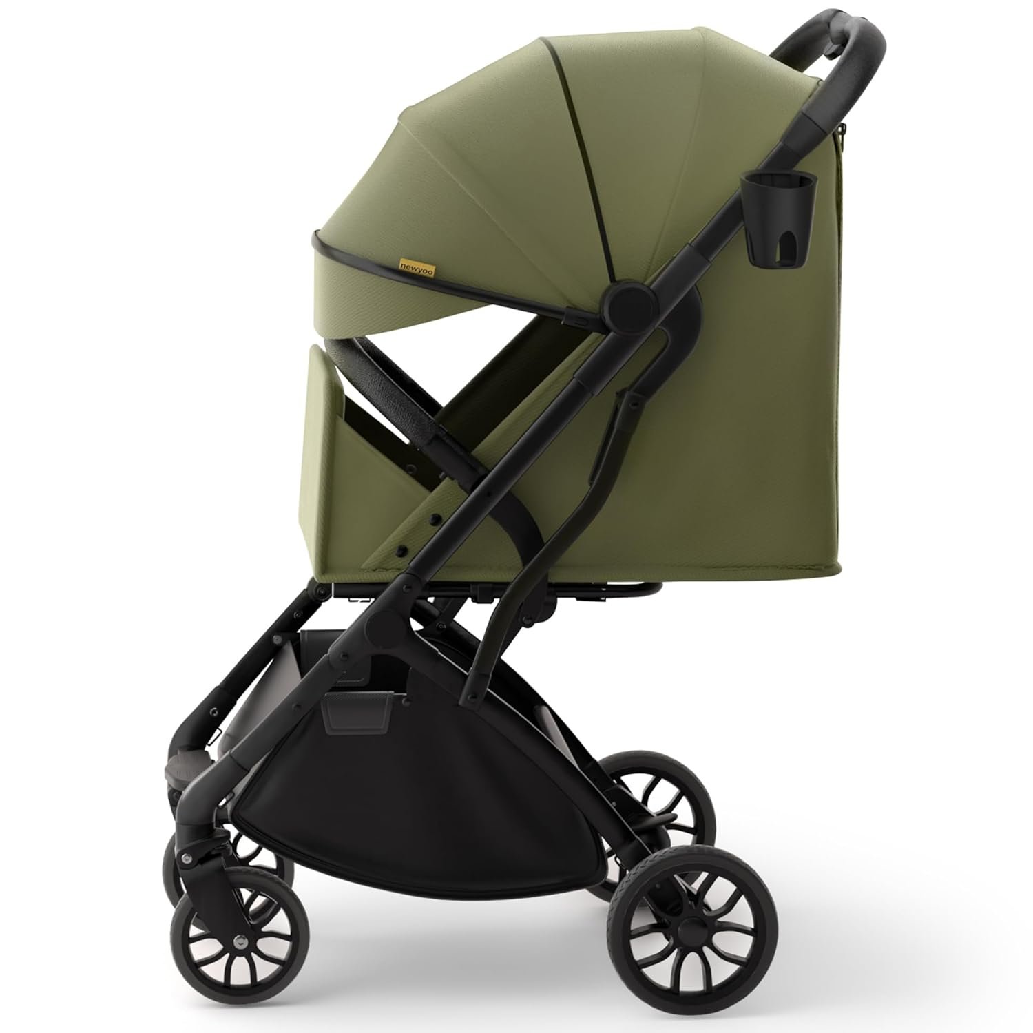 newyoo GlideTow TR18M Travel Stroller for Infants, Compact Foldable Baby Stroller with Retractable Handle and Cup Holder, One-Hand Fold, Near Flat Recline Seat, Green